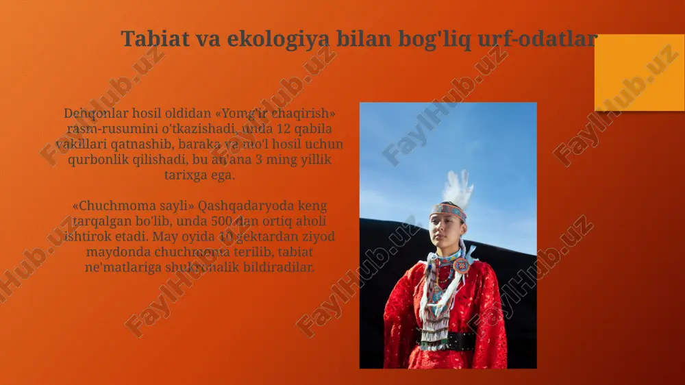 a abdulla oripov, erkin vohidov kabi milliy shoirlarning ta'siri kuchli bo'lgan. ular 70-80-yillarda shevaga murojaat qilishgan. shevada 'kelmoq' fe'li o'rniga 'kelish' fe'li ishlatiladi, bu esa 14-15-asrlarga oid eski turkiy til xususiyatlarini saqlab qolgan. bu leksik farqdir. oshxona: taomlar va ichimliklar qashqadaryo oshxonasida 'tandir go'shti' alohida o'ringa ega, bunda qo'y go'shti tandirda 2-3 soat davomida pishiriladi, bu esa unga o'ziga xos ta'm beradi. qashqadaryo palovi, boshqa hududlardan farqli ravishda, ko'proq sabzi va mayiz qo'shilishi bilan ajralib turadi, bu unga shirinroq ta'm beradi va 1 kg guruchga 200 gramm mayiz ishlatiladi. e'tiboringiz uchun rahmat @taqdimot_robot image2.png image5.jpg image6.jpg image7.jpg image8.jpg image9.jpg image10.jpg image11.jpg image12.jpg image13.jpg image14.jpg image15.jpg image16.jpg image17.jpg image18.jpg image19.jpg image20.jpg image21.jpg image3.png