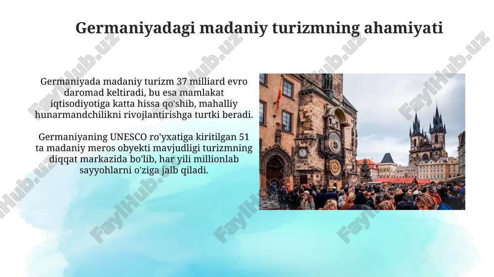 alar yaratishga yordam beradi, 3d modellar va vr ekskursiyalar orqali artefaktlarga chuqurroq kirish imkonini beradi. kichik muzeylar 2.0 strategiyasi orqali mahalliy ahamiyatga ega boʻlgan noyob eksponatlar va interaktiv koʻrgazmalar orqali auditoriyani kengaytirishga eʼtibor qaratadi. an'anaviy festivallar va tadbirlar kölner karneval, noyabr oyining 11-kunida, soat 11:11 da boshlanadigan va rojdestvo uchun to'xtatilgan va keyin fevralda qurbon hayiti bilan yakunlanadigan olti kunlik festival. weinachtsmarkte, rojdestvo bozorlari noyabr oyining oxiridan 24-dekabrgacha germaniyaning ko'p joylarida bo'lib o'tadi, unda hunarmandchilik, taomlar va glühwein (qaynatilgan vino) sotiladi. e'tiboringiz uchun rahmat @taqdimot_robot image3.jpg image4.jpg image5.jpg image6.jpg image7.jpg image8.jpg image9.jpg image10.jpg image11.jpg image12.jpg image13.jpg image14.jpg image15.jpg image16.jpg image17.jpg image18.jpg image19.jpg image1.png