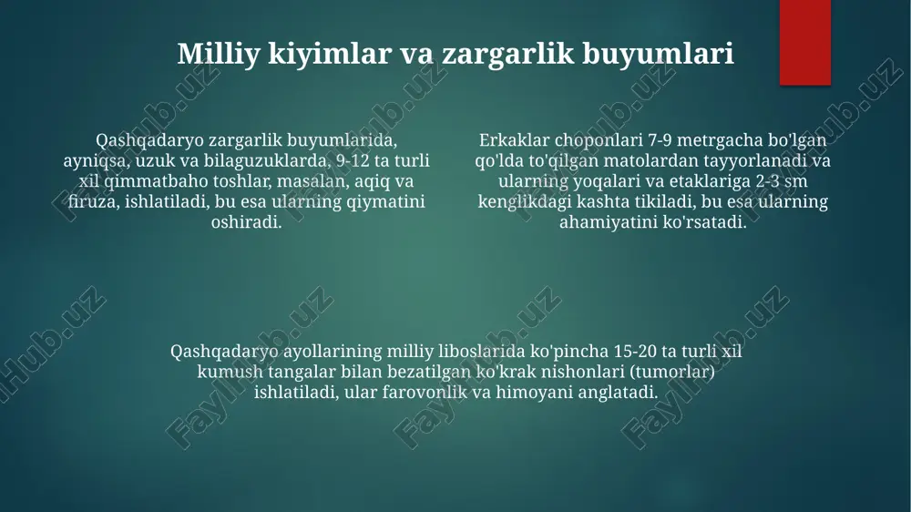 hasi buyuk ipak yo'lining muhim tarmog'ida joylashgan bo'lib, miloddan avvalgi iv asrda paydo bo'lgan 10 dan ortiq qadimiy shaharlarni o'z ichiga oladi. qashqadaryo xalq og'zaki ijodi 70 dan ortiq doston va afsonalarni qamrab oladi. bu dostonlarda mahalliy qahramonlarning jasoratlari, sevgi va sadoqat mavzulari aks etgan. qashqadaryo san'atining zamonaviy ko'rinishlari qashqadaryo kulolchiligida 21-asr boshlaridan eko-san'at tendensiyasi kuchayib, qayta ishlangan materiallardan foydalanish va an'anaviy shakllarni zamonaviy minimalist uslubda ifodalash ommalashmoqda. so'nggi 10 yilda qashqadaryoda raqamli san'at rivojlanib, mahalliy hunarmandlar milliy cholg'u asboblarining 8 bitli versiyalarini yaratish va virtual konsertlar o'tkazishmoqda. qashqadaryo zamonaviy san'atida 2010-yillardan boshlab an'anaviy kashtachilik naqshlari yangi materiallar va 3d texnologiyalar bilan uyg'unlashib, noyob dizaynlar yaratilmoqda. an'anaviy urf-odatlar va marosimlar navro’z bayramida “sumalak” tayyorlash odati keng tarqalgan. bu jarayon 7 ayol ishtirokida amalga oshirilib, uning tayyorlanishi 24 soatdan ko’proq vaqtni oladi. “kelajak beshik to’yi” marosimi 40 kunga yetgan chaqaloq uchun o’tkazilib, unda chaqaloqning kelajagi uchun yaxshi niyatlar bilan turli rasm-rusumlar …