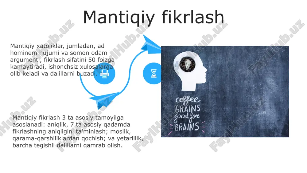 ) tashkil topgan. u xotira orqali to'plangan bilimlarga asoslanadi. xotirani saqlash ebbinghausning unutilish egri chizig'iga ko'ra, xotira qisqa vaqt ichida tez susayadi, keyin esa sekinlashadi. takrorlash (masalan, spaced repetition) usuli xotirani uzoq muddatga saqlashga yordam beradi. konsolidatsiya jarayoni xotirani saqlashda muhim ahamiyatga ega, bunda miyadagi sinaptik aloqalar mustahkamlanadi. uyqu, ayniqsa rem uyqusi, uzoq muddatli xotirani shakllantirishga yordam beradi. xotira va tafakkurni yaxshilash tafakkurni yaxshilash uchun "5 nima uchun?" usulini qo'llang, bu muammoning asl sababini aniqlashga yordam beradi va muammolarni hal qilish ko'nikmalarini oshiradi. mantiqiy xotira uchun, miyangizning neyron bog'lanishlarini mustahkamlash uchun kuniga 30 daqiqa yangi narsalarni o'rganishga harakat qiling, bu esa xotirani yaxshilaydi. e'tiboringiz uchun rahmat @taqdimot_robot image6.jpg image7.jpg image8.jpg image9.jpg image10.jpg image11.jpg image12.jpg image13.jpg image14.jpg image15.jpg image16.jpg image17.jpg image18.jpg image19.jpg image20.jpg image21.jpg image22.jpg image1.jpeg image2.jpeg image3.jpeg image4.jpeg