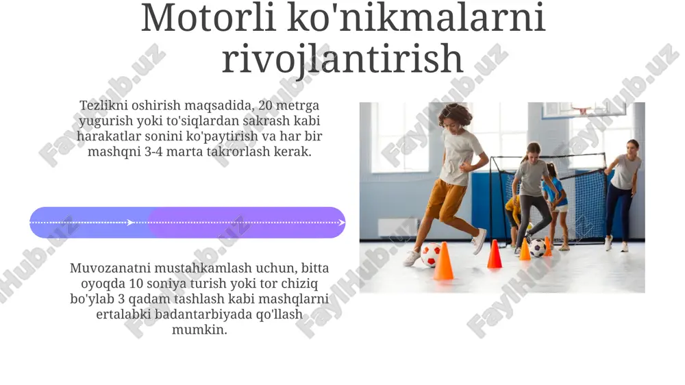 sh statik cho'zish mashqlari, masalan, 15-30 soniya ushlab turish, moslashuvchanlikni oshiradi, ammo ularni darsning so'ngida, mushaklar isigandan so'ng bajarish samaraliroq bo'ladi. moslashuvchanlikni rivojlantirishda erta yoshda dinamik mashqlarga e'tibor berish muhim, bunda 6-10 yoshgacha bo'lgan davrda mushaklarni asta-sekin cho'zish kerak. e'tiboringiz uchun rahmat @taqdimot_robot image5.jpg image6.jpg image7.jpg image8.jpg image9.jpg image10.jpg image11.jpg image12.jpg image13.jpg image14.jpg image15.jpg image16.jpg image17.jpg image18.jpg image19.jpg image20.jpg image21.jpg image1.jpeg image2.jpeg image3.jpeg