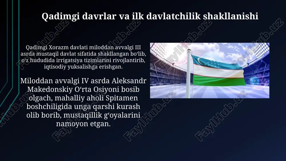 akachilik siyosatiga qarshi kurashga tayyorlash uchun zamonaviy fanlarni o'qitishni maqsad qilgan. jadidchilik xx asr boshlarida paydo bo'lib, 1917-yilgacha turkistonda ma'rifatparvarlik va milliy uyg'onish g'oyalarini targ'ib qildi. mustaqillik g'oyalarining falsafiy asoslari jadidchilik harakati 20-asr boshlarida milliy o'zlikni anglash va o'zbek xalqining mustaqil davlat qurish intilishini kuchaytirdi. 9-asrda forobiyning ta'limotlari 'ideal shahar' qurish g'oyasi orqali o'zbek davlatchiligining mustaqilligiga falsafiy zamin yaratdi. e'tiboringiz uchun rahmat @taqdimot_robot image2.jpg image3.jpg image4.jpg image5.jpg image6.jpg image7.jpg image8.jpg image9.jpg image10.jpg image11.jpg image12.jpg image13.jpg image14.jpg image15.jpg image16.jpg image17.jpg image18.jpg