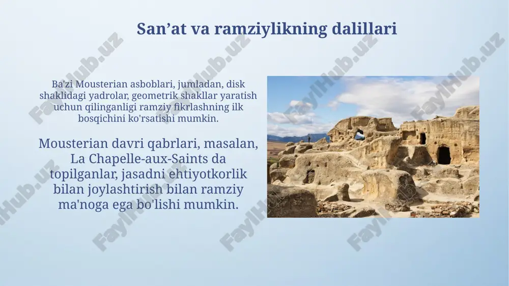 ishlatilgan. taxminan 2-5 sm uzunlikdagi bu asboblar, ko'pincha suyakka o'rnatilgan. neandertal odamining joylashuvi: shanidar gʻori (iroq) shanidar gʻoridan topilgan gul changi neandertallar marosimlarda gullardan foydalangan degan farazni keltirib chiqardi, ammo bu bahsli boʻlib, kemiruvchilarning faoliyati ham sabab boʻlishi mumkin. shanidar gʻoridagi 9-skelet, “shanidar 3”, taxminan 45,000 yil avval yashagan neandertal erkagi boʻlib, qovurgʻasida jiddiy jarohati borligi aniqlangan. ovchilik strategiyalari va oʻljalar mousterian ovchilik strategiyalari, jumladan, tosh qurollardan foydalangan holda turli xil hayvonlar, masalan, qo'y, echki, kiyik va boshqa o'simlikxo'r hayvonlarni ovlashni o'z ichiga olgan. o'ljalar orasida yirik sutemizuvchilar, masalan, mammontlar va junli karkidonlar bo'lgan, ammo ularni ovlash xavfli bo'lgan. shuning uchun, mousterian odamlari ko'pincha kichikroq va xavfsizroq o'ljalarni afzal ko'rgan. e'tiboringiz uchun rahmat @taqdimot_robot image4.png image6.jpg image7.jpg image8.jpg image9.jpg image10.jpg image11.jpg image12.jpg image13.jpg image14.jpg image15.jpg image16.jpg image17.jpg image18.jpg image19.jpg image20.jpg image21.jpg image22.jpg image3.jpeg