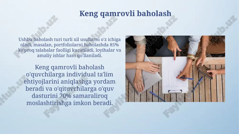 oli joylarni aniqlashga yordam beradi va o'qitish usullarini takomillashtirish imkonini beradi. kasbiy sertifikatsiya o'zbekistonda kasbiy sertifikatsiya tizimi 2020-yildan boshlab rivojlanmoqda, bu xodimlar va ish beruvchilar uchun sifatli ta'lim standartlarini ta'minlaydi. kasbiy sertifikatsiya shaxsning muayyan sohada malaka va kompetensiyalarga ega ekanligini tasdiqlovchi rasmiy jarayon bo'lib, u mehnat unumdorligini oshiradi. norma-asoslangan baholashning afzalliklari norma-asoslangan baholash o'quvchilarning 50-foizlik darajasini aniqlaydi, bu esa ularning 75-foizlik yuqori ko'rsatkichlariga nisbatan qanchalik yaxshi ekanligini ko'rsatadi. o'quvchilarning o'rtacha 65-foizlik natijasi norma-asoslangan baholash yordamida aniqlanib, ularning 35-foizlik past ko'rsatkichga nisbatan yaxshiroq ekanligi belgilanadi. e'tiboringiz uchun rahmat @taqdimot_robot image4.png image6.jpg image7.jpg image8.jpg image9.jpg image10.jpg image11.jpg image12.jpg image13.jpg image14.jpg image15.jpg image16.jpg image17.jpg image18.jpg image19.jpg image20.jpg image21.jpg image22.jpg image3.jpeg