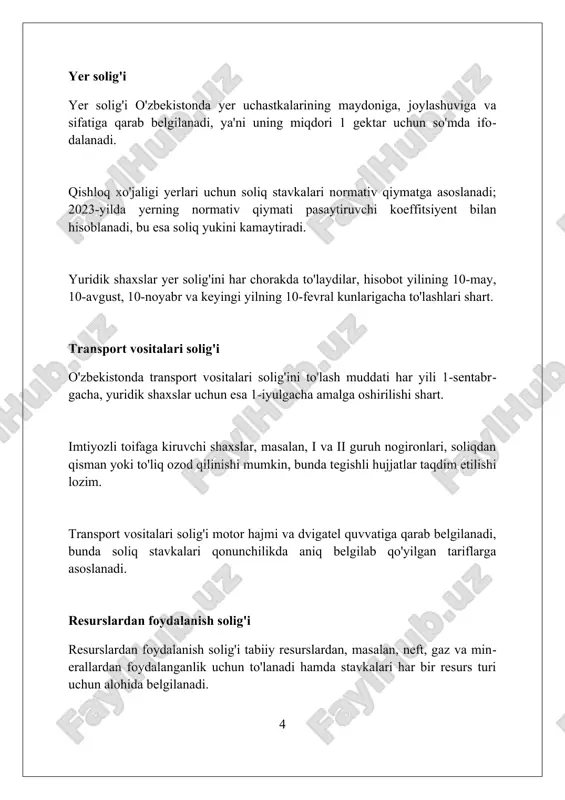 r soliq kodeksida belgilangan mezonlarga javob beradigan shaxslarga beriladi, ular orasida tadbirkorlik subyektlariga 3 yilgacha soliq ta'tillari mavjud. soliq imtiyozlari muayyan toifadagi soliq to'lovchilarga soliq yukini kamaytirishga qaratilgan preferensiyalar, masalan, nogironligi bo'lgan shaxslar uchun 10 million so'mgacha. yuridik shaxslardan olinadigan mol-mulk solig'i yuridik shaxslardan olinadigan mol-mulk solig'i o'zbekiston respublikasi soliq kodeksining 414-moddasiga muvofiq, asosiy vositalar va nomoddiy aktivlarga nisbatan qo'llaniladi. soliq stavkasi yillik o'rtacha qoldiq qiymatining 1,5 foizigacha belgilanadi, lekin ayrim hollarda imtiyozlar va kamaytirilgan stavkalar qo'llanilishi mumkin. soliq hisoboti har chorakda topshiriladi va soliq to'lovlari ham har chorakda amalga oshiriladi, belgilangan muddatlar soliq kodeksining tegishli moddalarida ko'rsatilgan. korporativ soliqlar qqs (qo'shilgan qiymat solig'i) korporativ soliqlar turiga kiradi, mahsulot yoki xizmatning har bir ishlab chiqarish bosqichida qo'shilgan qiymatga 15 foiz miqdorida soliq solinadi. yer solig'i va mol-mulk solig'i korporativ soliqlar tarkibiga kiradi; ular korxonalarning mulki bo'lgan yer va binolar qiymatiga qarab har yili hisoblab chiqariladi. korporativ soliqlar, odatda foyda solig'i …