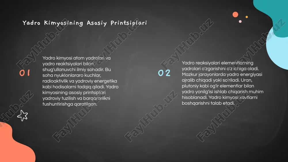 individual diagnostika uchun yuqori aniqlikdagi biomarkerlar yaratish imkoni mavjud. shu bilan birga, nuklear tibbiyot texnologiyalari turli kasalliklarni erta bosqichida aniqlashda sezilarli yutuqlarni namoyon qilmoqda. yadro kimyosiga asoslangan innovatsiyalar va ularning tibbiyotdagi yangi imkoniyatlari yadro kimyosiga asoslangan texnologiyalar, organik moddalarning tub ma'no va vazifasini tushunishga yordam beradi. bu usullar, ayniqsa, murakkab kasalliklarni aniqlashda va davolashda qo'llanilib, tibbiyot sohasi uchun yangi imkoniyatlar yaratmoqda. e’tiboringiz uchun rahmat image1.png media1.mp3 image5.png image2.png image6.jpeg image3.png image4.png image7.jpg image8.jpg image9.jpg null 2018 118.991554