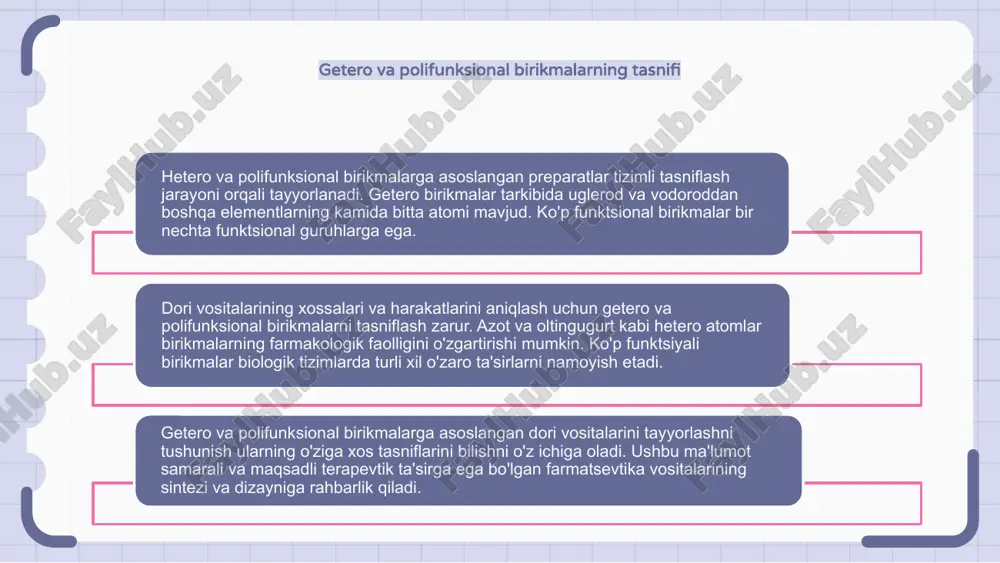 ida dori vositalarini tayyorlashda kimyogarlar turli qiyinchiliklarga duch kelishadi. ushbu birikmalar murakkab sintez jarayonlarini talab qiladigan noyob tuzilmalarni o'z ichiga oladi. asosiy muammolardan biri bitta molekula ichidagi bir nechta funktsional guruhlarning reaktivligini nazorat qilishdir. bu oxirgi dori mahsulotida nojo'ya reaktsiyalar va aralashmalarga olib kelishi mumkin. bundan tashqari, azot va oltingugurt kabi geteroatomlarning mavjudligi sintetik yo'lni murakkablashtiradi. kimyogarlar kiruvchi o'zaro ta'sirlardan qochish va mahsulot tozaligini ta'minlash uchun reaktsiyalarni diqqat bilan ishlab chiqishlari kerak. dori yaratishda getero va polifunksional birikmalardan foydalanishning afzalliklari getero va polifunksional birikmalar asosida dori vositalarini tayyorlash dori vositalarini ishlab chiqishda bir qancha afzalliklarni beradi. ushbu birikmalar o'ziga xos tizimli va farmakologik xususiyatlarga ega bo'lib, ular kasallikning muayyan yo'llarini nishonga olishlari mumkin. dori sintezida hetero va polifunksional birikmalardan foydalanish orqali tadqiqotchilar yanada kuchli va tanlab olingan dori nomzodlarini yaratishi mumkin. bu terapevtik natijalarni yaxshilashga va bemorlar uchun nojo'ya ta'sirlarni kamaytirishga olib keladi. bundan tashqari, hetero va ko'p funktsiyali birikmalarning …