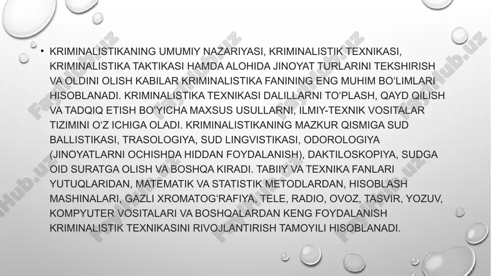lik va boshqalar) tekshirishda ishlatiladigan usullar, metodlar va vositalar yigʻindisi jinoyatlarning ayrim turlarini tekshirishning metodikasini tashkil etadi. bu metodikaga muvofiq jinoyatlarni tekshirish va sudda koʻrib chiqish davomida tergov harakatlari, tezkor-qidiruv tadbirlarini oʻtkazishning izchilligi va oʻziga xos tomonlari aniqlanadi. kriminalistika texnikasi va taktikasi usullari hamda vositalari ishlab chiqiladi. e’tiboringiz uchun rahmat! image2.png image3.png image1.png /docprops/thumbnail.jpeg