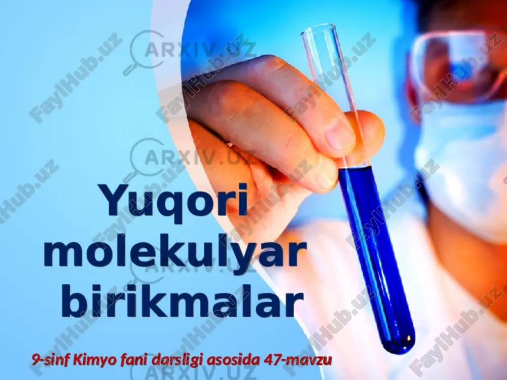 malarni yuqori molekulyar polimerlar, past bo’lganlarni oligomerlar deyiladi. polimerlarning xossalari tuzilish regulyarligiga bog’liq bo’ladi, u fazoda yon radikallar va atomlar gruppasini joylashish tartibliligining darajasi bilan ifodalanadi. polimerlar stereoregulyar va sterenoregulyar strukturali bo’ladi. agar polimer tarkibnidagi radikallar uglerod zanjirining faqat bir tomoniga batartib joylashsalar stereoregulyar strukturali polimer deyiladi. masalan: polipropilenda stereoregulyarlik makromolekulalardagi metil radikallaring hammasi uglerod zaanjirining faqat bir tomoniga joylashganda yuzaga keladi. bunday polimerlar yuqori sifatli hisoblanadi, ammo ularni olish uchun alohida sharoitlar (o’ziga xos katilizatorlar, optimal temperatura, optimal bosim) yaratishni talab qiladi. agar metil radikallari uglerod zanjirining ikkala tomoniga betartib joylashsa stereonoregulyar struktirali polimer hosil bo’ladi. stereonoregulyar strukturali polimerning sifati stereoregulyar strukturali polimerlarga nisbatan past bo’ladi. ammo ko’pchilik hollarda stereonoregulyar strukturali polimerlar hosil bo’ladi. eng muhim sintetik polimerlanish. dastlabki moddalar (monomerlar):ch2=ch2etilen, ch2=ch - ch3prolilen, cf2 = cf2tetraftoretilen, c6h5 – ch = ch2 stirol, fenol c6h5 – oh, farmaldegid,metilmetakrilat va boshqalar. polimerning nomlanishi va formulasi: (-ch2-ch­2-)npolietilen, polipropilen, polimetilmetakrilat, (-cf2 – …