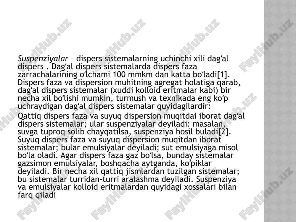 elektr yoxud ultratovush yordamida suyuqlik ichida kukunga aylantiriladi. kolloid eritmalarni kislota, asos va toʻzlardan tozalashda dializ, ultrafiltrlash, elektrodializ, ultratsentrifugalash usullaridan foydalaniladi. kolloid eritmalar juda kichik osmotik bosim, suyet diffuziya va broun harakatiga ega. zarrachalar zaryadli boʻlganligi tufayli, ular elektroforez jarayonida elektrod tomon harakat qiladi. oʻta yuqori disperslikka ega boʻlgan kolloid eritmalar zol deb ataladi. zollarni nomlashda dispersion muhitni hosil qiluvchi modda asos qilib olinadi: dispersion muhit suv boʻlsa, gidrozol, organik modda boʻlsa, organzol, keyingilari kimyoviy tarkibiga koʻra benzozol, alkozol va boshqa deyiladi. agar dispersion muhit gaz boʻlsa, bunday zol aerozol, suyuq dispersion muhitga ega boʻlgan zollar esa liozollar (yun. lios – suyuqlik) deb ataladi. dispers faza zarrachalari bilan dispersion muhit zarrachalari orasidagi bogʻlanishga qarab, kolloid eritmalar liofob va liofil zollarga boʻlinadi. liofob zollarga dispers platina, kumush, oltingugurt zollari misol boʻla oladi. liofil zollarda esa bu bogʻlanish kuchli boʻladi, ularga oqsil, jelatina, pepsin va yuqori molekulyar moddalarning eritmalari kiradi. kolloid eritmalar …