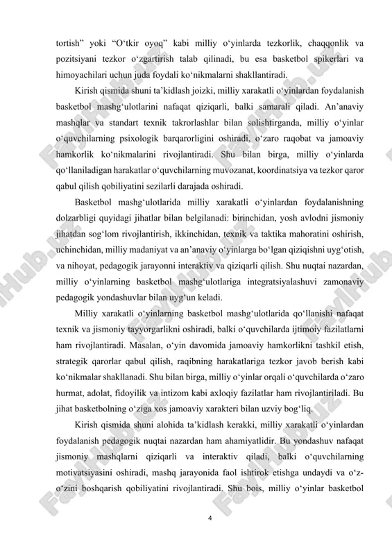 rganiladi. kirish qismida ishning vazifalari ham belgilanishi kerak. ushbu ish quyidagi vazifalarni amalga oshiradi: 1. milliy xarakatli o‘yinlarning jismoniy va texnik xususiyatlarini aniqlash. 2. milliy o‘yinlarning basketbol mashg‘ulotlariga integratsiyalashuvini metodik jihatdan tahlil qilish. 3. milliy o‘yinlar yordamida o‘quvchilarning jismoniy tayyorgarlik, texnik mahorat va taktika ko‘nikmalarini rivojlantirish. 4. pedagogik jarayonda milliy o‘yinlardan foydalanishning samaradorligini baholash va tavsiyalar ishlab chiqish. kirish qismida ob’ekt va predmet ham aniqlanishi lozim. kurs ishining ob’ekti – basketbol mashg‘ulotlari jarayoni va u orqali yoshlar jismoniy va texnik tayyorgarligi. predmeti esa – mashg‘ulotlarda milliy xarakatli o‘yinlardan foydalanish va ularning ta’siri, shuningdek, pedagogik metodikasi va samaradorligi hisoblanadi. xulosa qilib aytganda, basketbol mashg‘ulotlarida milliy xarakatli o‘yinlardan foydalanish – bu zamonaviy pedagogik jarayonda jismoniy, texnik va taktika tayyorgarligini oshirish, shuningdek, o‘quvchilarda milliy madaniyatga hurmat va qiziqish uyg‘otishning samarali usulidir. milliy o‘yinlarning pedagogik, tarbiyaviy va psixologik ahamiyati, ularni mashq jarayoniga integratsiyalash usullari va samaradorligi ushbu kurs ishining asosiy tadqiqot ob’ekti va predmetini …
