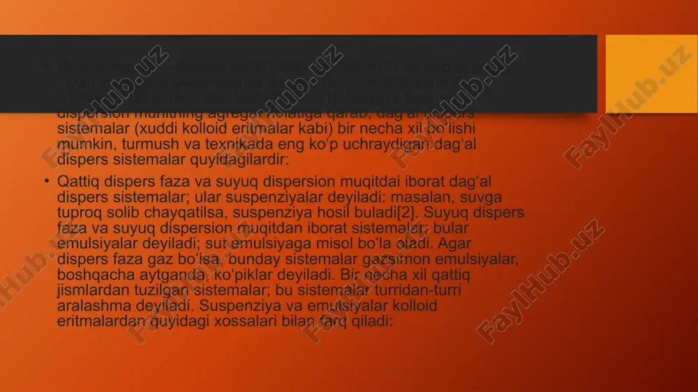 mal, glikogen kabi moddalar kolloid eritmalar holida uchraydi. tuproqning unumdorligi uning kolloid eritmalar xrlidagi qismining fizik-kimyoviy xossalariga, sement, chinni, keramika, sir va boʻyoqlar sifati ularning disperelik darajasi hamda kolloid eritmalarning xossalariga bogʻliq. kolloid eritmalar charm, qogʻoz, gazlama, sunʼiy ipak, oziq-ovqat va boshqa sanoat tarmoqlarida ham keng qoʻllanadi. e’tiboringiz uchun rahmat! image2.png image3.png image1.png /docprops/thumbnail.jpeg