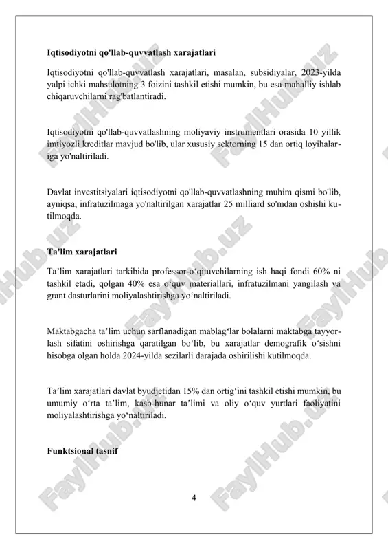 soha xarajatlari sog'liqni saqlash xarajatlari aholining tibbiy xizmatlardan foydalanishini yaxshilash uchun farmatsevtika mahsulotlari va tibbiy uskunalarni sotib olishga 25 foiz sarflanadi. madaniyat va sportga ajratilgan 15 foiz mablag' yoshlarning rivojlanishi, xalqaro musobaqalarda ishtirok etishi va madaniy merosni saqlash uchun yo'naltiriladi. ijtimoiy soha xarajatlari, jumladan, taʼlimga yoʻnaltirilgan mablagʻlar 40 foizdan ortiqni tashkil etadi, bu esa inson kapitaliga katta investitsiya ekanligini koʻrsatadi. mudofaa xarajatlari mudofaa byudjeti xarajatlari tarkibiga harbiy xizmatchilarning maoshlari, qurol-yarog' va harbiy texnika sotib olish, harbiy infratuzilmani qurish va ta'mirlash, shuningdek, harbiy tadqiqotlar kiradi. mudofaa xarajatlari davlat byudjetining katta qismini tashkil etadi, 2023-yilda yalpi ichki mahsulotning taxminan 4%ini tashkil etdi, bu armiya va harbiy texnikani moliyalashtirishga yo'naltirilgan. mudofaa xarajatlarining samaradorligini baholash uchun "xarajat-natija" tahlili qo'llaniladi, bu esa ajratilgan mablag'lar hisobiga milliy xavfsizlik darajasining oshishini baholashga imkon beradi. byudjet xarajatlarining tasnifi budjet xarajatlarining iqtisodiy tasnifi 12 ta asosiy guruhni o'z ichiga oladi, masalan, ish haqi, tovarlar va xizmatlar, foiz to'lovlari, subsidiyalar …