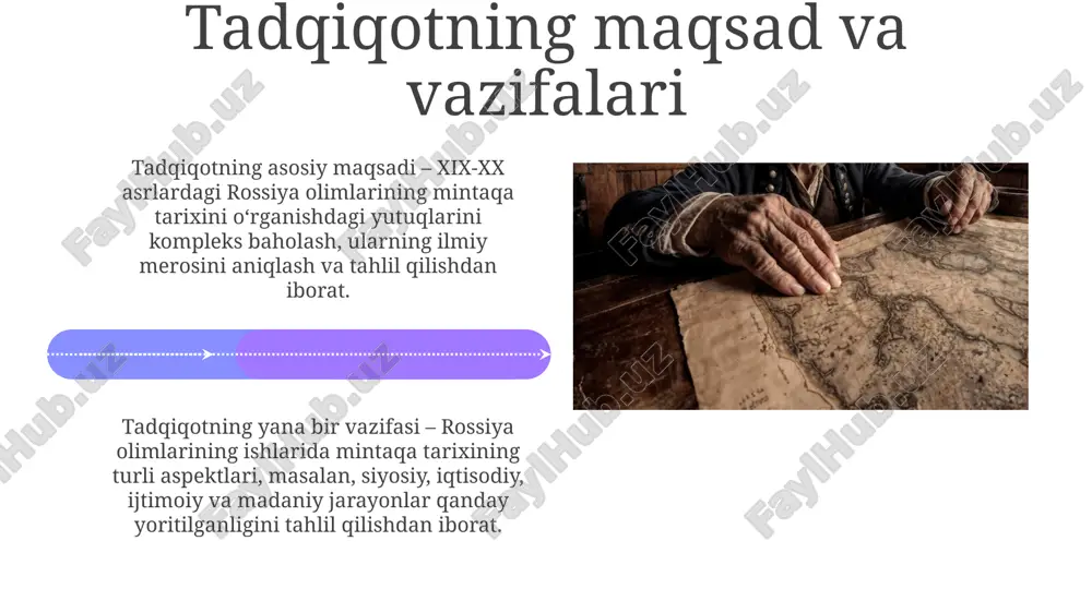 dagi rossiya elektrlashtirish rejalarining mintaqaviy ahamiyatini belgilaydi. sovet davridagi tarixshunoslik 1930-yillarda "qisqa kurslar" davri boshlanib, tarixiy jarayonlarning soddalashtirilgan, siyosiylashtirilgan talqini ustunlik qildi. tarixiy shaxslarga baho berishda partiyaviylik tamoyili asosiy o'rinni egalladi. sovet davridagi tarixshunoslik marksizm-leninizm nazariyasiga asoslanib, 1917-yilgi oktyabr inqilobini insoniyat tarixidagi burilish nuqtasi deb baholadi, sinfiy kurashni asosiy harakatlantiruvchi kuch deb hisobladi. dastlabki tadqiqotlar va kashfiyotlar (xviii-xix asrlar) xviii asrda rossiya olimlari oʻrta osiyo tarixini oʻrgana boshladilar, peter i ning topshirigʻiga binoan, savdo yoʻllari va boylik manbalarini aniqlashga qaratilgan ekspeditsiyalar tashkil etildi. aleksandr burnesning 1831-1833 yillardagi afgʻonistonga qilgan sayohati, oʻrta osiyo va hindiston oʻrtasidagi siyosiy vaziyatni tahlil qilib, mintaqa tarixini oʻrganishga qoʻshgan muhim hissasi boʻldi. e'tiboringiz uchun rahmat @taqdimot_robot image5.jpg image6.jpg image7.jpg image8.jpg image9.jpg image10.jpg image11.jpg image12.jpg image13.jpg image14.jpg image15.jpg image16.jpg image17.jpg image18.jpg image19.jpg image20.jpg image21.jpg image1.jpeg image2.jpeg image3.jpeg