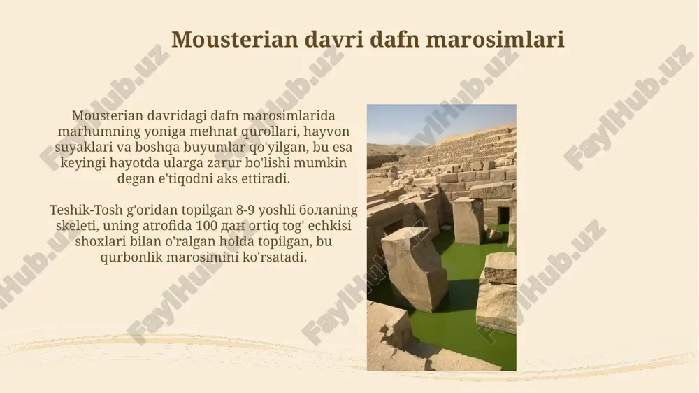 da 10 mingdan ortiq tosh artefaktlar topilgan, ular orasida levallua uslubidagi nukleuslar va qirgʻichlar keng tarqalgan. radiouglerodli dating va boshqa dating usullari termolyuminessensiya (tl) dating, misol uchun, 500 000 yilgacha bo'lgan isitilgan materiallarning yoshini aniqlaydi va bu uzbekistan arxeologiyasi uchun muhim hisoblanadi. radiokarbon (c14) dating 50,000 yilgacha bo'lgan organik materiallarning yoshini aniqlashda qo'llaniladi, yarim yemirilish davri esa 5730 yilni tashkil etadi. teshik-tosh gʻori: topilmalar va ahamiyati teshik-toshdan topilgan neandertal bolaning suyak qoldiqlari, 8-9 yosh atrofida boʻlgani aniqlangan, oʻrta osiyoda bu tur vakilining mavjudligini isbotladi. bolaning qabri atrofida togʻ echkisining shoxlaridan yaratilgan rasm topilgan. bu topilma marosimlar va diniy e'tiqodlar mavjudligini koʻrsatadi. neadertal odamining hayoti va madaniyati neandertallar 200 dan ortiq turli o'simlik va hayvonlardan foydalangan, bu ularning atrof-muhitga moslashish qobiliyatidan dalolat beradi. neandertal odamlari taxminan 40 000 yil avvalgacha o'zbekiston hududida yashagan, mustye madaniyatiga oid tosh qurollarni yasashda mohir bo'lgan. e'tiboringiz uchun rahmat @taqdimot_robot image3.jpg image4.jpg image5.jpg image6.jpg image7.jpg image8.jpg …