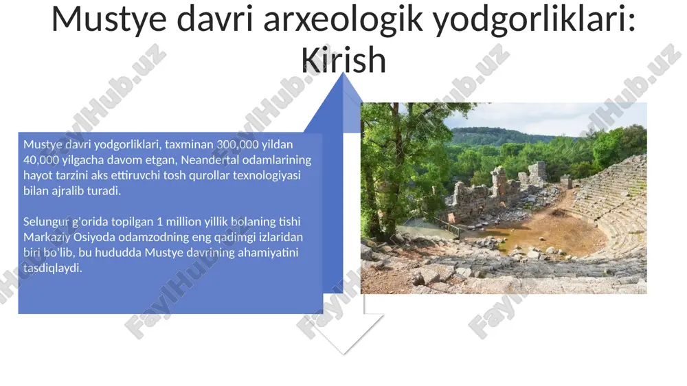 onlarida topilgan levallua texnikasidagi 60 dan ortiq tosh qurollar, oʻrta paleolit davriga oid ishlov berish uslublaridan dalolat beradi. levallua texnologiyasi: asbob yasash usuli bu texnologiya mousterian davrida keng tarqalgan boʻlib, 300,000 dan 40,000 yil oldin yashagan neandertallar tomonidan qoʻllanilgan va 5-6 xil asboblar yasashga imkon bergan. levallua texnologiyasi oldindan rejalashtirishni talab qiladi, chunki oʻzak toshni shakllantirish yakuniy mahsulotning shakli va oʻlchamini aniqlaydi, bunda 3-4 urunish bilan tayyorlangan. ochiq havoda joylashgan makonlar: molodova i va boshqalar bu joylarda tosh asboblar, suyaklar va o'choqlar topilgan, ular o'sha davrdagi ovchilik usullari, uy-ro'zg'or buyumlari va ijtimoiy tuzilmalari haqida hikoya qiladi. molodova i, dnestr daryosining o'rta oqimidagi muhim joylashuv, paleolit davridagi turar-joylarning eng yaxshi saqlanib qolgan namunasidir, 20 ga yaqin madaniy qatlamlari bor. e'tiboringiz uchun rahmat @taqdimot_robot image5.jpg image6.jpg image7.jpg image8.jpg image9.jpg image10.jpg image11.jpg image12.jpg image13.jpg image14.jpg image15.jpg image16.jpg image17.jpg image18.jpg image4.png image19.jpg image20.jpg image21.jpg image1.jpeg image2.jpeg