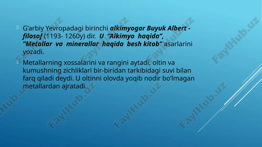 yasini 1686 yilga kelib minerallarni, tabiiy mahsulotlarni analiz qiladigan - analitik kimyo labaratoriyasiga aylantirdi. bu davrda yashab ijod kdlgan kimyogar olimlarga xos bo’lgan narsa shuki ular tadqiqotchi o’z faoliyatida tajribaga, kuzatishga tayanishi kerak degan g’oyani ilgari surdilar va shu yo’sinda alkimyoni siqib chiqarishga xissa qo’shdilar. masalan, berner palissi (1499-1589) xvi asrning eng mashhur kimyogari (frantsuz) edi. u fan uchun kuzatishning ahamiyatini yaxshi anglagan olim. bu ma’noda frensis bekon uning izdoshi deyish mumkin. palissining asarlari alkimyogarlardan xoli holda ravon tilda yozilgan edi. «men har bir kishiga ma’lum bo’lgan osmon bilan yerdan boshqa hech qanday kitobga ega emasman. har bir kishi bu kitob bilan tanishishi va uni o’qib chiqishi mumkin». berner palissi image1.jpg image2.jpg image3.jpg image4.jpg image5.jpg image6.jpg image7.jpg image8.jpg image9.jpg image10.jpg image11.jpg image12.jpg image13.jpg image14.jpg image15.jpg image16.jpg image17.jpg image18.jpg image19.jpg image20.jpg image21.jpg image22.jpg image23.jpg image24.jpg roger bacon conducting experiment /docprops/thumbnail.jpeg