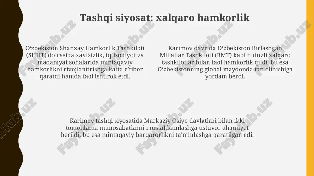 ohani isloh qilish dasturi amalga oshirildi, bu qishloq xoʻjaligini diversifikatsiya qilish va eksport salohiyatini oshirishga qaratilgan muhim strategiya edi. islom karimov 1991-yil 29-dekabrda boʻlib oʻtgan umumxalq referendumidan soʻng, oʻzbekiston respublikasining birinchi prezidenti etib saylandi, bu xalqning mustaqillik yoʻlini tanlashini rasmiylashtirdi. uning prezidentligi davrida, 1992-yilda oʻzbekiston respublikasining konstitutsiyasi qabul qilindi, bu mamlakatning siyosiy va iqtisodiy rivojlanishining asosiy tamoyillarini belgilab berdi. ichki siyosat: siyosiy muxolifat va inson huquqlari karimov davrida siyosiy muxolifat shafqatsizlarcha bostirildi, jumladan, "erk" va "birlik" kabi partiyalarga nisbatan repressiya, ularning faoliyatini de-fakto taqiqlashga olib keldi. o'zbekistonda inson huquqlari ahvoli karimov davrida keskin tanqid ostida edi, xususan, qiynoqlar, adolatsiz sudlar va so'z erkinligini cheklash holatlari ko'p qayd etilgan. 1999-yilgi toshkent portlashlaridan so'ng, karimov hukumati ekstremizmga qarshi kurash bahonasida muxolifatga qarshi qatag'onni kuchaytirdi, bu esa minglab odamlarning hibsga olinishiga olib keldi. e'tiboringiz uchun rahmat @taqdimot_robot