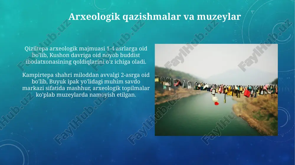 rmalar yaratish kerak. turistik infratuzilma mintaqada 10 dan ortiq turistik axborot markazlari faoliyat koʻrsatmoqda, ular turistlarga bepul ma’lumot, xarita va turistik yoʻnalishlar boʻyicha maslahatlar beradi. termiz xalqaro aeroporti rekonstruksiya qilingan boʻlib, yiliga 500 mingdan ortiq yoʻlovchiga xizmat koʻrsatish imkoniyatiga ega, bu mintaqaga xalqaro turistlarning oqimini oshiradi. e'tiboringiz uchun rahmat @taqdimot_robot image2.png image5.jpg image6.jpg image7.jpg image8.jpg image9.jpg image10.jpg image11.jpg image12.jpg image13.jpg image14.jpg image15.jpg image16.jpg image17.jpg image18.jpg image19.jpg image20.jpg image21.jpg