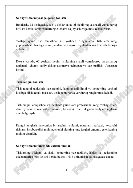 slik kampyer tekisligiga parallel bo'lishi, shuningdek, albin tekisligiga nisbatan to'g'ri joylashishi kerak, bu esa chaynash funksiyasining samarali ta'minlanishini kafolatlaydi. sun'iy tishlar joylashuvi labial-bukkal yo'nalishda tabiiy tish kamarining egri chizig'iga mos kelishi kerak, ideal tish kamari u shaklida bo'lib, taxminan 8-10 mm dan oshmasligi lozim. qoziq tishlarning joylashuvi qoziq tishlar vertikal holatda joylashganda, yuzning ifodasi qattiq va sun'iy ko'rinadi, shuning uchun ozgina distal qiyalik yaratish tavsiya etiladi. qoziq tishning o'qi distalga 5-10 gradus qiyalikda joylashishi kerak, bu esa tabiiy ko'rinish va chaynash funksiyasini yaxshilaydi. qoziq tishlar, odatda, o'rta chiziqdan 6-11 mm masofada joylashadi, bu esa labial to'liqlik va labburchakning qo'llab-quvvatlanishida muhim rol o'ynaydi. xulosa sun'iy tishlar o'lchami, shakli va rangini tanlash bemorning yuz tuzilishi, yoshi va shaxsiy xususiyatlarini hisobga olgan holda, tabiiy ko'rinishni ta'minlash uchun hal qiluvchi ahamiyatga ega. klinik va laboratoriya bosqichlarida ehtiyotkorlik bilan e'tibor berish, sun'iy tishlarni to'g'ri joylashtirish va okklyuziyaga erishish, protezlarning uzoq muddatli muvaffaqiyati uchun zarur. yuzning …
