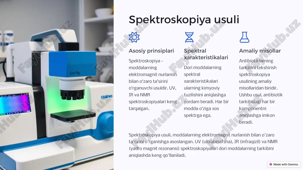 usullarni yaratish va farmatsevtika ishlab chiqarish jarayonlarini optimallashtirishga qaratilishi kerak. ushbu taqdimot davomida biz dori vositalaridagi qo'shimchalarni aniqlash va xususiy moddalarni tekshirishning muhimligini ko'rib chiqdik. sifatli dori vositalarini ta'minlash uchun farmakopeya standartlariga rioya qilish, zamonaviy analitik usullarni qo'llash va sifat nazoratini muntazam ravishda o'tkazish zarur. 8 image1.png image2.png image3.png image4.png image5.png image6.png image7.png image8.png image9.png image10.png image11.png image12.png image13.png image14.png image15.png