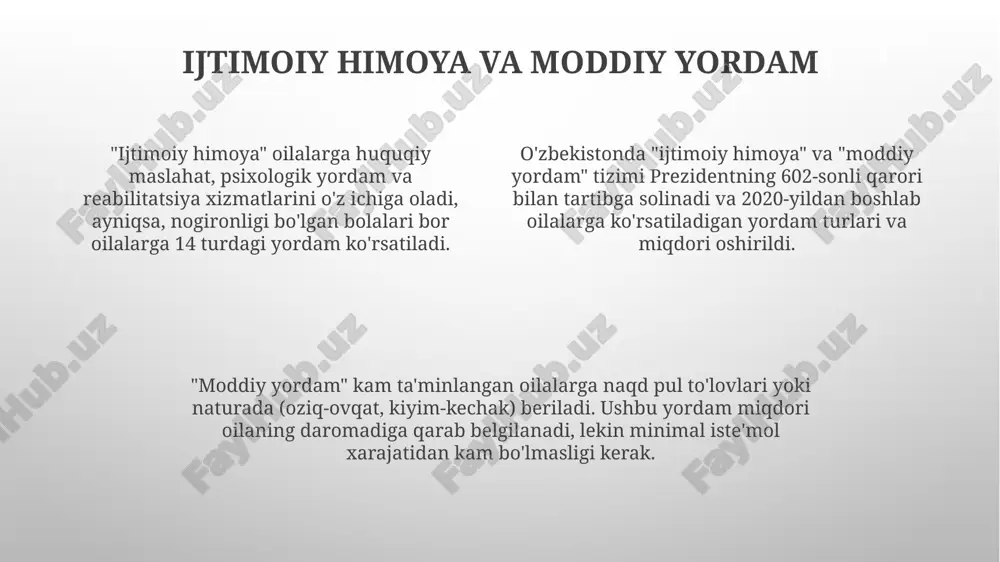 o'ynaydi, madaniy merosni saqlash ustuvor vazifa hisoblanadi. yadro oilalarida odatda faqat ota-ona va ularning farzandlari bo'ladi. bunday oilalarda mustaqillik va shaxsiy rivojlanish yuqori baholanadi, bolalarga 18 yoshdan keyin alohida yashash imkoniyati beriladi. oila ijtimoiy-pedagogik yordamining mohiyati va vazifalari asosiy vazifalardan biri oilalarga erta aralashuv xizmatlarini ko'rsatish, ya'ni bolalar rivojlanishida erta bosqichdagi muammolarni aniqlash va bartaraf etishdir. oila ijtimoiy-pedagogik yordamining mohiyati bolalarning erta rivojlanishini qo'llab-quvvatlash, 0-3 yoshgacha bo'lgan davrda har tomonlama rivojlanishini ta'minlashdan iborat. oila bilan ishlashning muhim yo'nalishi - bu ota-onalarning pedagogik madaniyatini oshirish, ularga 5-7 yoshli bolalarni maktabga tayyorlash bo'yicha maslahatlar berish. qiyin ahvoldagi bolalar bilan ishlash pedagogik yordamda bolaning individual xususiyatlari hisobga olinib, ta'lim olishdagi muammolarini bartaraf etishga qaratilgan korreksion dasturlar qo'llaniladi, masalan, psixologik treninglar. qiyin ahvoldagi bolalarga ijtimoiy yordam 1999-yilgi 763-sonli qonun bilan tartibga solinadi, bunda ularning huquqlari va qonuniy manfaatlarini himoya qilish muhim vazifa hisoblanadi. ijtimoiy-pedagogik yordam bolalarni reabilitatsiya markazlariga joylashtirishni o'z ichiga oladi, u yerda …