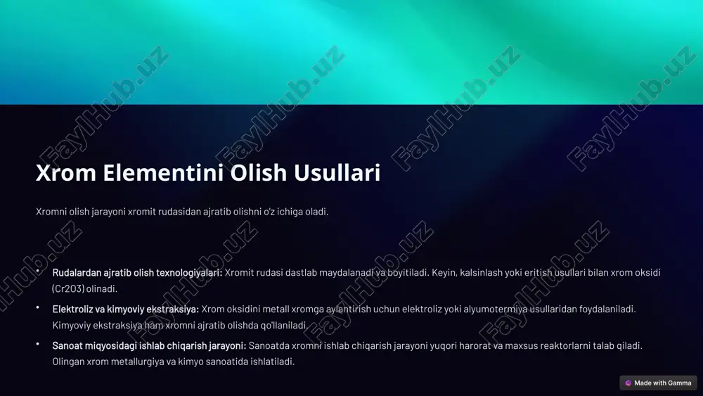 g asosiy xulosa: xrom guruhi elementlari turli sohalarda muhim o'rin tutadi. ularning xossalari va qo'llanilishi texnologik taraqqiyotga hissa qo'shadi. kelgusi tadqiqot yo'nalishlari: xromning yangi birikmalarini sintez qilish, qayta ishlash usullarini takomillashtirish va ekologik xavfsiz texnologiyalarni ishlab chiqish muhimdir. ilmiy va sanoat ahamiyati: xrom guruhi elementlarining ilmiy va sanoat ahamiyati kelajakda yanada ortadi. bu sohalarda yangi ilmiy yutuqlarga erishish va texnologik taraqqiyotga hissa qo'shish mumkin. 10 image1.png image2.png image3.png image4.png image5.png image6.png image7.png image8.png image9.png