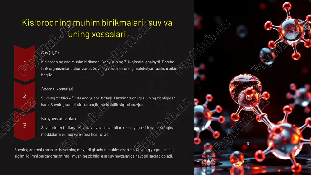 kelajakdagi tadqiqotlar yangi materiallar, energiya manbalari va atrof-muhitni muhofaza qilish sohalarida kislorod va oltingugurtning birikmalarini o'rganish muhim ahamiyatga ega. kelajakdagi tadqiqotlar ushbu elementlarning yangi xususiyatlarini aniqlashga va ularning qo'llanilish sohalarini kengaytirishga qaratilgan bo'lishi kerak. bundan tashqari, atrof-muhitga salbiy ta'sirini kamaytirish uchun yangi texnologiyalar ishlab chiqish zarur. 10 image1.png image2.png image3.png image4.png image5.png image6.png image7.png image8.png image9.png image10.png image11.png image12.png image13.png image14.png image15.png image16.png image17.png