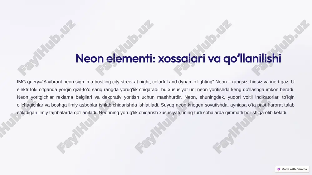 juda muhimdir. ksenonning narkotik ta'siri uning tibbiyotda og'riqni kamaytirish va og'riqsizlantirish uchun ishlatilishiga olib keladi. nodur gazlar tibbiyotda diagnostika va davolash jarayonlarida muhim rol oʻynaydi. 9 xulosa va kelajakdagi tadqiqotlar img query="a scientist in a lab coat working with glowing gas elements, high-tech and focused" nodur gazlar – kimyoviy inertlik va oʻziga xos xususiyatlarga ega boʻlgan elementlar boʻlib, turli sohalarda muhim ahamiyatga ega. ushbu elementlarning xususiyatlarini chuqurroq oʻrganish va ularning yangi ilovalarni topish kelajakdagi tadqiqotlarning asosiy yoʻnalishlaridan biri boʻlishi mumkin. geliyni superoʻtkazuvchanlik sohasida, neonni yoritish texnologiyalarida, argonni metallurgiyada, kriptonni lazerlarda va ksenonni tibbiyotda yanada takomillashtirish istiqbolli yoʻnalishlardir. nodur gazlarning kelajakdagi tadqiqotlari ularning insoniyatga foydasini yanada oshirishga qaratilgan boʻladi. 10 image1.png image2.png image3.png