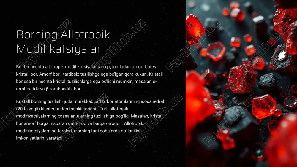 iqotlar xulosa qilib aytganda, bor va uning birikmalari turli xil xossalarga ega bo'lib, ko'plab sohalarda keng qo'llaniladi. boridlarning yuqori qattiqligi va issiqlik o'tkazuvchanligi, boratlarning suvda eruvchanligi va reaktivligi ularni sanoat va maishiy maqsadlarda qimmatli materiallarga aylantiradi. kelajakda borga asoslangan yangi materiallar va texnologiyalarni yaratishga qaratilgan tadqiqotlar davom ettirilishi kutilmoqda. bor nanotubalari, borga boy supero'tkazgichlar va yangi borat minerallarini sintez qilish va ularning xossalarini o'rganish kelajakdagi tadqiqotlarning asosiy yo'nalishlaridan bo'lishi mumkin. 10 image1.png image2.png image3.png image4.png image5.png image6.png image7.png image8.png image9.png image10.png image11.png