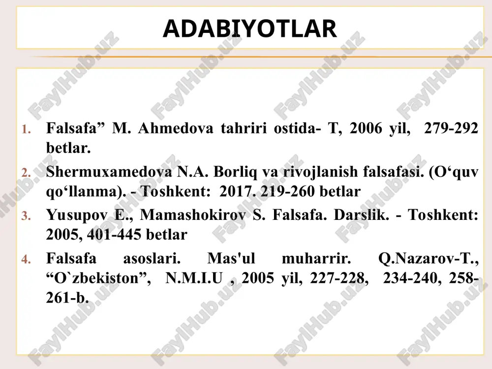 ladi. bu materiyaning mavjudlik shakllarida namoyon bo’ladi. 3) inson o’z faoliyati jarayonida moddiy olamdagi narsa, hodisa, jarayonlarning xossalari va mohiyatini bilib boradi. materiya ( moddiy olam) ning o`ziga xos xususiyati materiyaning namoyon bo`lish shakllari. harakat (umuman o’zgarish, obyektlarning o’zaro ta’siri) fazo (dunyoni tashkil etuvchi obyektlarning joylashish tartibi, ko’lami va miqyosi) vaqt (olamda sodir bo’luvchi hodisalar va jarayonlarning ketma-ketligi davomiyligi) * harakat shakllari mexanik fizik kimyoviy biologik ijtimoiy * vaqt tartibi va yo`nalishi o`tmish hozirgi vaqt kelajak * geraklit har qanday harakat manbai ichki jarayonlarning qarama- qarshiligi * harakatni bilmaslik sabablarni bilmaslik * progress regress orqaga qaytmaslik va muayyan yo‘nalishga egalik xos bo‘lgan harakat tipi rivojlanish deb ataladi. bunda narsa yoki hodisa strukturasining murakkablashuvi, ular tashkil topish darajasining yuksalishi yuz beradi harakat teskari yo‘nalishda –barkamolroq va rivojlanganroq shakllardan uncha rivojlanmagan shakllarga, murakkabdan oddiyga qarab yuz beradi harakat tiplari * tabiat tushunchasi tabiat tushunchasining keng ma’nosi borliqni, butun dunyoni barcha rang-barang shakllari …