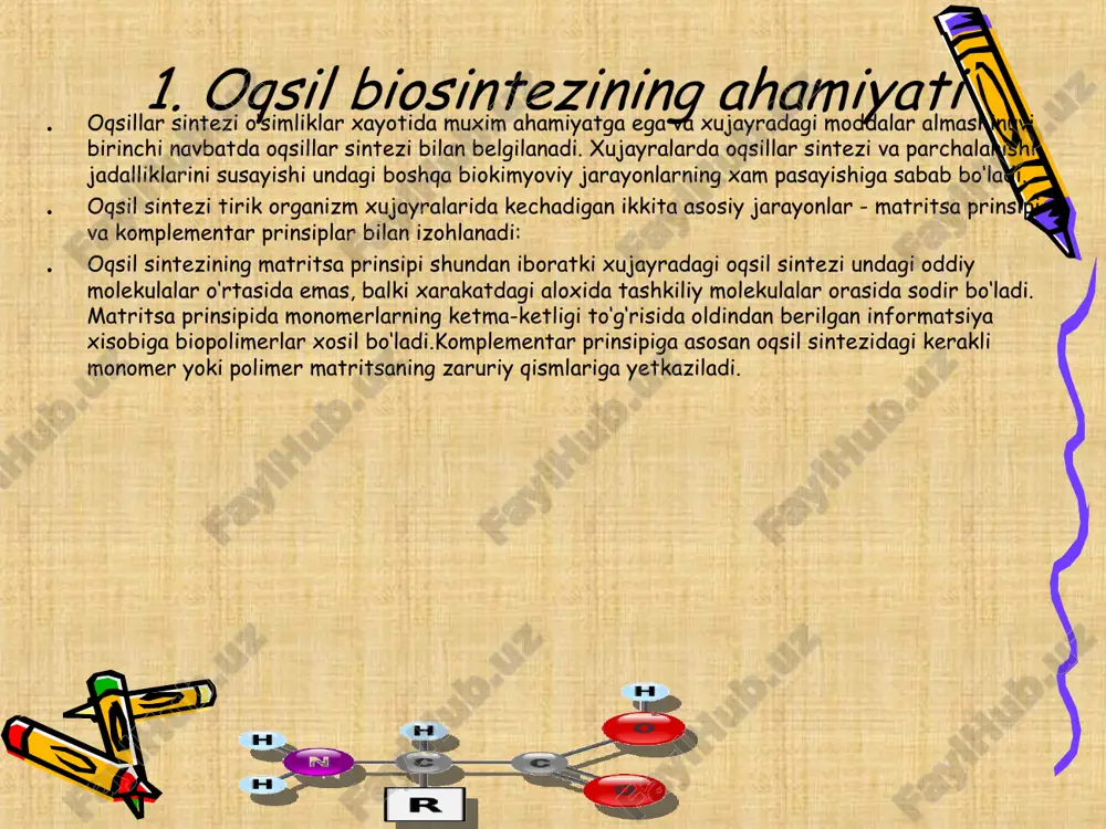 okida aminokislotalar hosil qilish hamda oksidlanish yo‘li bilan parchalanadi. xulosa: 1.men oqsillar mavzusini o`rganish davomida ularhaqida ko`p tushunchalarga ega bo`ldim jumladan ularning sinflanishi, tuzulishi kimyoviy tarkibi haqidagi malumotlarga ega bo`ldim. 2.ushbu taqdimot ishini bajarish davomida adabiyotlardan foydalanishni, kompyuterdan foydalanishni o`rgandim.