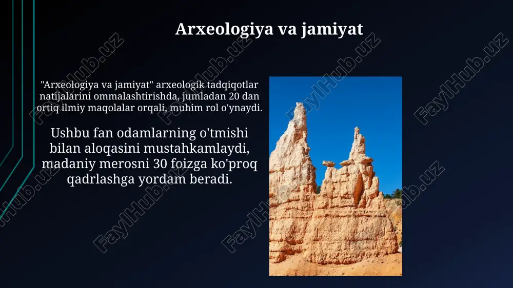 turtki berdi. diniy yodgorliklar va e'tiqodlar buddistlar monastirlari, masalan, fayoztepa va qoratepa majmualari, miloddan avvalgi i-iii asrlarga oid bo'lib, kushon imperiyasi davrida buddizmning markaziy osiyoga tarqalishining muhim dalilidir. islom arxitekturasining ilk namunalari, masalan, xi asrga oid minorai kalon minorasi, diniy e'tiqodlar bilan bir qatorda, qurilish texnologiyalari va badiiy didning yuksak darajasini aks ettiradi. hunarmandchilik va san'at hunarmandlar ipak gazlama ishlab chiqarishda 'abrbandlik' usulidan foydalanganlar, bu esa har bir ipni alohida bo'yashni talab qilib, noyob naqshlar yaratish imkonini bergan, taxminan 7-10 kun davom etgan jarayon edi. naqqoshlikda o'ymakorlik uslubi keng qo'llanilgan, unda yog'och, tosh va metall buyumlarga chuqur o'yilgan naqshlar kiritilgan, bu jarayon esa bir necha haftadan bir necha oygacha davom etgan. e'tiboringiz uchun rahmat @taqdimot_robot image2.jpg image3.jpg image4.jpg image5.jpg image6.jpg image7.jpg image8.jpg image9.jpg image10.jpg image11.jpg image12.jpg image13.jpg image14.jpg image15.jpg image16.jpg image17.jpg image18.jpg