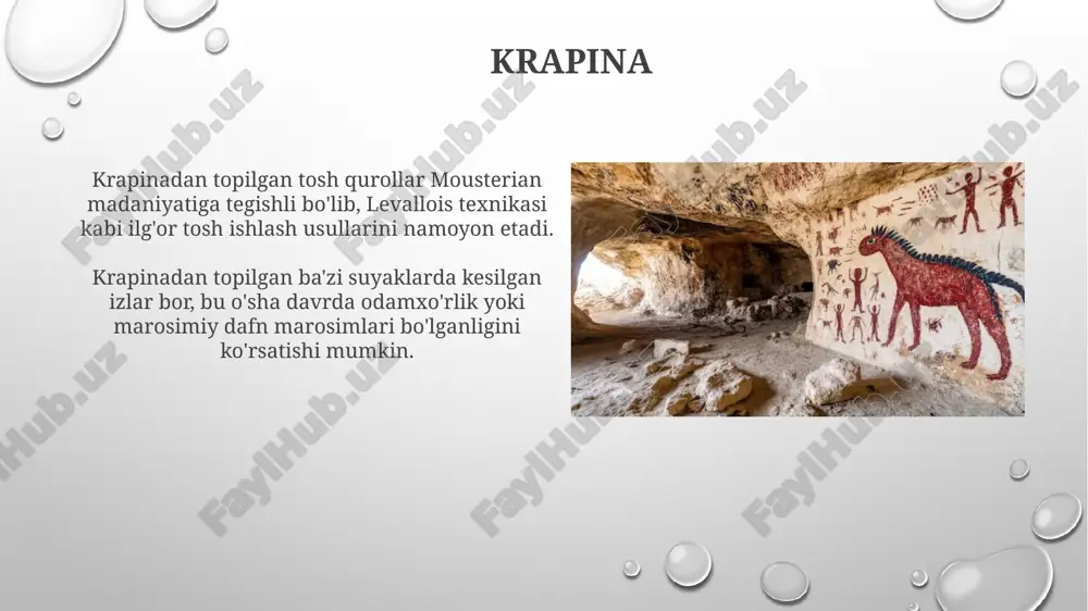 ramziylik neandertallar tomonidan yaratilgan artefaktlar, masalan, 65 ming yillik gʻor rasmlari, ularning ramziy qobiliyatlari boʻyicha taxminlarni oʻzgartirib, intellektini koʻrsatadi. artefaktlarning konteksti muhim: 40 dan ortiq qabrlarning topilishi ritual va simvolizmning oʻrta paleolitda mavjudligini isbotlaydi. kirish ushbu joy, asosan, o'rta paleolit ​​davriga oid mustiyer artefaktlari bilan ajralib turadi, bu esa kirishdan topilgan asboblar taxminan 40,000-200,000 yil avval yaratilganligini anglatadi. kirish arxeologik joyining geologik konteksti shuni ko'rsatadiki, bu joy o'tmishda daryo bo'yida joylashgan bo'lishi mumkin, bu esa neandertallar uchun suv manbai va hayvonlarni jalb qilgan bo'lishi mumkin. e'tiboringiz uchun rahmat @taqdimot_robot image2.png image5.jpg image6.jpg image7.jpg image8.jpg image9.jpg image10.jpg image11.jpg image12.jpg image13.jpg image14.jpg image15.jpg image16.jpg image17.jpg image18.jpg image19.jpg image20.jpg image21.jpg image3.png