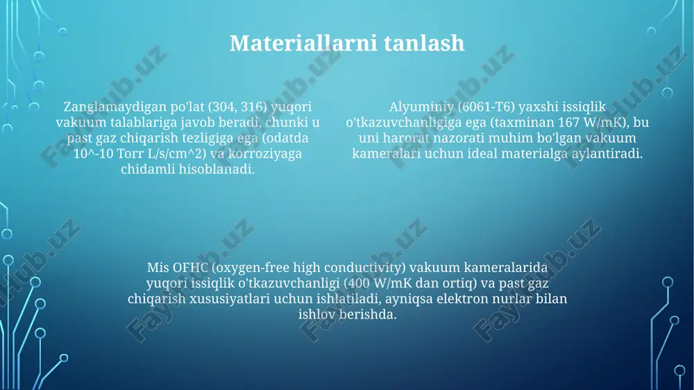 yaratadi. diagnostika va monitoring vakuum texnologiyasida bosim, harorat va gaz tarkibi kabi asosiy parametrlarni aniqlash uchun sezgirlik darajasi yuqori sensorlardan foydalanadi. diagnostika vakuum nasoslarining unumdorligini baholash va gaz oqishini aniqlash uchun qoldiq gaz analizatorlari (rga) va geliy detektorlari kabi murakkab uskunalar yordamida amalga oshiriladi. ishlab chiqarish va yig'ish chamber tarkibiy qismlarini yig'ishdan oldin, har bir detalni 10^-6 torr vakuum ostida 24 soat davomida tozalash va gazsizlantirish vakuum sifatini sezilarli darajada yaxshilaydi. yig'ish jarayonida o-ringlar kabi muhrlash elementlarining tozaligi va vakuumga mosligi ta'minlanishi kerak, shuningdek, har bir elementning joylashuvi 0.1 mm aniqlikda bo'lishi kerak. ishlab chiqarishda 304l zanglamaydigan po'lat kabi past gaz chiqaradigan materiallardan foydalanish, yuqori vakuum darajasiga erishish uchun muhim ahamiyatga ega, shuningdek, payvandlash usullari muhim. payvandlash va ulanish usullari epoksi yopishtiruvchi moddalar vakuumga mos bo'lgan yopishtiruvchi ulanishlar uchun ishlatilishi mumkin, ayniqsa turli xil materiallar (masalan, metall va keramika) o'rtasida germetik muhr hosil qilish kerak bo'lganda, ammo gaz chiqishi xavfini …