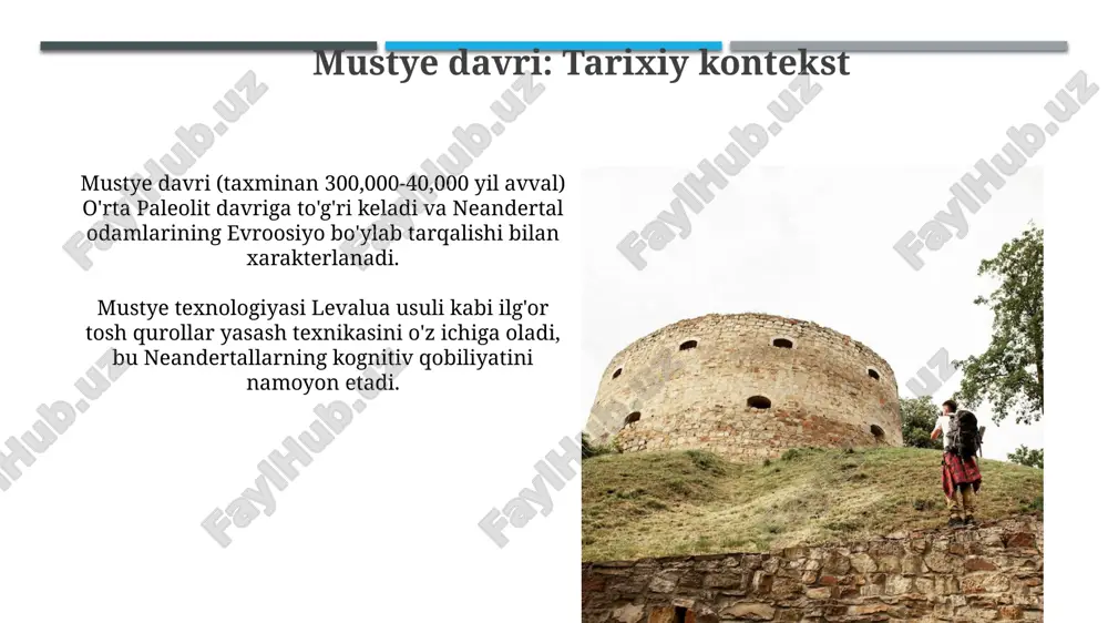 oil): evolyutsion ahamiyat tabun gʻorida neandertal va zamonaviy odamlarning aralash arxeologik qoldiqlari topilgan, bu ikki guruh oʻrtasidagi oʻzaro taʼsirning potentsial dalilidir. tabun gʻori qatlamlari 500,000 yildan 40,000 yilgacha boʻlgan davrlarni qamrab oladi, bu esa mousterian texnologiyasining uzoq muddatli evolyutsiyasini koʻrsatadi. xulosa va kelajakdagi tadqiqotlar mousterian davriga oid 50 ga yaqin yodgorliklar genetik tadqiqotlar uchun imkoniyat yaratadi, qadimgi gominidlarning migratsiya yo'llarini va moslashuvchanligini aniqlashga yordam beradi. keyingi tadqiqotlar 100 ming yillik artefaktlarning funktsional tahliliga e'tibor qaratishi kerak, bu esa mousterian texnologiyasining rivojlanish tendentsiyalarini ochib beradi. e'tiboringiz uchun rahmat @taqdimot_robot image2.jpg image3.jpg image4.jpg image5.jpg image6.jpg image7.jpg image8.jpg image9.jpg image10.jpg image11.jpg image12.jpg image13.jpg image14.jpg image15.jpg image16.jpg image17.jpg image18.jpg