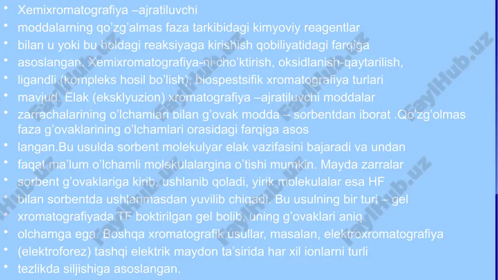 a qulay. konduktometriya yoki potensiometriya eritmaning elektr o'tkazuvchanligi yoki elektrod potensiali orqali ion miqdori aniqlanadi. natijalarni tahlil qilish ajralgan ionlarning miqdoriy natijalari asosida: ion konsentratsiyasi aniqlanadi (mol/l, mg/l, ppm va h.k.). reaksiya darajasi va reaksiya to‘liqligi baholanadi. tajribaviy xatoliklar va aniqlik darajasi ko‘rib chiqiladi. agar turli namunalar bo‘lsa, taqqoslash amalga oshiriladi. namuna: misol uchun, ca²⁺ ionini aniqlash: cho‘ktirma usulida ca²⁺ + c₂o₄²⁻ → cac₂o₄↓ reaksiya orqali cho‘kma olinadi. cho‘kma tortilib, quritilib massasi aniqlanadi. e’tiboringiz uchun rahmat