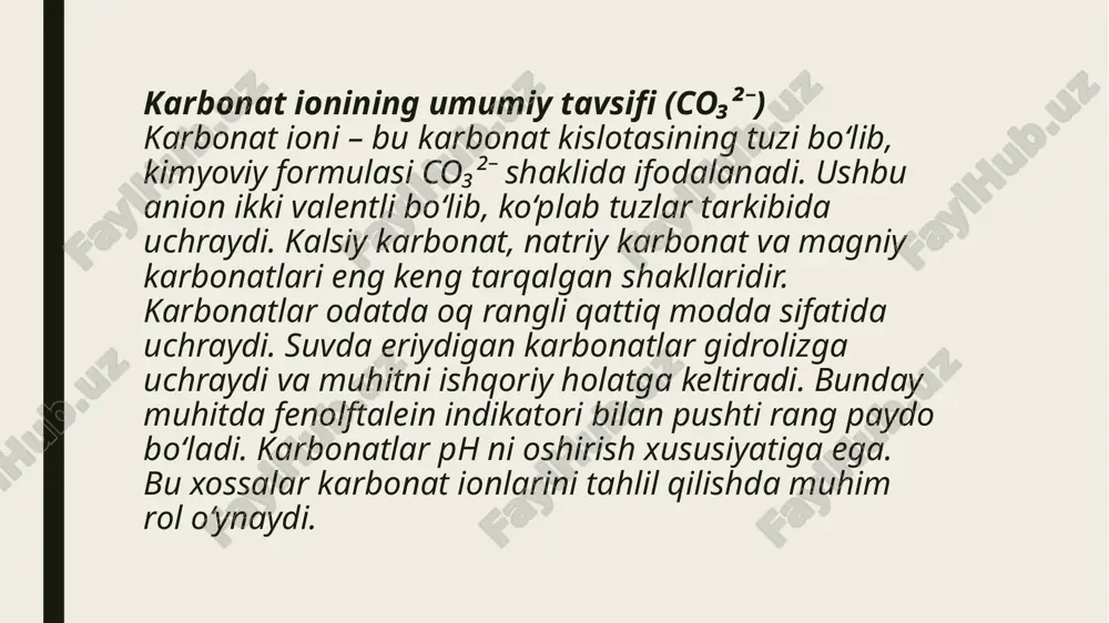 rbonat cho‘kmasining hosil bo‘lganini ko‘rsatadi. bu hodisa karbonat ionining mavjudligidan dalolat beradi. fenolftalein eritmasi bilan karbonat eritmasini sinab ko‘rilganda pushti rang hosil bo‘ladi. bu gidroliz tufayli hosil bo‘lgan ishqoriy muhitni ko‘rsatadi. amaliy tajriba oddiy, lekin aniq usuldir. bu metod o‘quv laboratoriyalarida keng qo‘llaniladi. sulfit ionining reaksiyasi – amaliy tajriba sulfit ionini aniqlash uchun eritmaga suyultirilgan hcl kislotasi qo‘shiladi. bu reaksiyada so₂ gazi ajralib chiqadi va o‘tkir hid bilan seziladi. ajralgan gaz kaliy permanganat eritmasidan o‘tkaziladi. permanganatning binafsha rangi yo‘qoladi, bu so₂ gazining mavjudligini ko‘rsatadi. reaksiya natijasida eritma rangsiz holga o‘tadi. bu test sulfit ionining mavjudligiga xos reaksiyadir. yod eritmasi bilan tajriba o‘tkazilsa, sariq-jigarrang rang ham yo‘qoladi. bu ham sulfit ionining bevosita belgilaridan biridir. tajriba o‘quvchilar uchun qulay va xavfsiz usuldir. sulfid ionining reaksiyasi – amaliy tajriba tajriba uchun sulfid ioniga kislotali muhit ta’sir ettiriladi. bu jarayonda h₂s gazi ajraladi, uning hidi aniq seziladi. ajralgan gaz qo‘rg‘oshin asetatli qog‘oz bilan sinovdan …