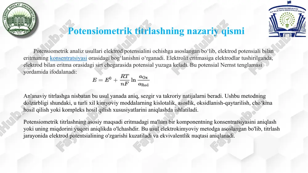 ) o‘zgarishini qayd qilish orqali aniqlanadi. buning uchun potensiometrik usuldan foydalaniladi, ya'ni o‘lchov elektrod sifatida shisha elektrod, ma’lumotni qayd etish uchun esa potensiometrik qurilma ishlatiladi. tajriba bajarishimiz uchun: 1)avvalo byuret tozalanib, ichiga 0.1 m naoh eritmasi quyildi. byuretdagi havo pufakchalari chiqarib tashlanadi.byuretka disstillangan suvda yaxshilab yuviladi. 2) konussimon kolbaga 25 ml 0.1 m sirka kislotasi eritmasi quyiladi va unga 2–3 tomchi indikator yoki bevosita ph o‘lchov elektrod tushiriladi. 3) kolba magnit aralashtirgich ustiga joylashtirilib, titrlash jarayonida eritma doimiy aralashtirib turiladi. 4) byuretkadan naoh eritmasi asta-sekin kislotali eritmaga qo‘shiladi. har bir qo‘shilgan hajmdan so‘ng ph qiymati yoki potentsial o‘zgarishi qayd qilinadi. 5) naoh qo‘shilishi davom ettirilib, ekvivalent nuqta yaqinlashganida qo‘shilayotgan asos hajmi yanada kichik miqdorda beriladi va ph o‘zgarishlari aniq kuzatiladi. 6) ekvivalent nuqtadan o‘tganidan so‘ng titrlash to‘xtatiladi va barcha olingan natijalar jadvalga kiritiladi. 7) olingan ma’lumotlar asosida titrlash egri chizig‘i (ph ga qarshi naoh hajmi) chiziladi va ekvivalent nuqta aniqlanadi. …
