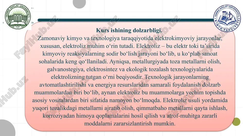 ksimal 0,05 a tok kuchi tushishini ta’minlash uchun zanjirga reostat yordamida kerakli qarshilik berildi. 1-rasm. elektrokimyoviy ekvivalentni aniqlash quilmasi. 1-tok manbai, 2-kulonometr, 3-ampermetr, 4-reostat, 5-kalit. elektrod jarayon ajraladigan modda anod cu2++2e-=cu mis (cu) qattiq holatda katod oksidlanish(inert elektrodda suvdan o2 mis elektrodda esa cu2+) kislorod yoki erigan mis ionlari tajribada olingan qiymatlar 1-tajriba 2-tajriba 3-tajriba tok kuchi ii (a) 0.20 0.20 0.20 elektroliz vaqti tt (sek) 900 900 900 tajribadan oldingi katod massasi (g) 12.000 12.365 12.730 tajribadan keyingi katod massasi (g) 12.365 12.730 13.095 ajralgan mis massasi mm (g) 0.365 0.365 0.365 e’tiboringiz uchun rahmat! image1.jpeg image2.png image3.png image4.jpeg image5.png image6.png image7.png image8.jpeg image9.png image10.jpeg