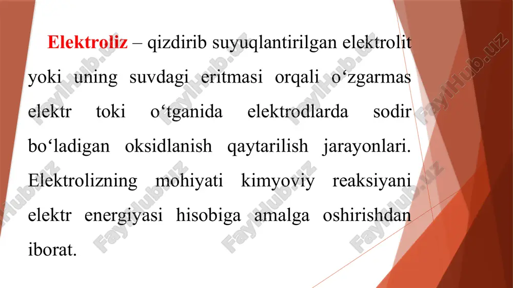 ok etuvchi zarralar — elektronlar yoki ionlarning harakatini, hamda bu harakatga ta’sir etuvchi omillarni chuqur anglaymiz. elektrolit eritmalarning elektr o‘tkazuvchanligini aniqlash kimyo, biologiya, ekologiya, tibbiyot va sanoat sohalarida keng qo‘llaniladi. bu jarayonni amalga oshirishda ishlatiladigan asboblar turli shakl, o‘lcham va funksiyalarga ega bo‘lsa-da, ularning barchasi ionlarning harakati asosida tok o‘tkazish xususiyatiga tayangan holda ishlaydi xulosa qilib aytganda, elektr o‘tkazuvchanlikni aniqlovchi asboblar zamonaviy ilmiy-amaliy faoliyatda ajralmas vosita bo‘lib, ularning ishlash prinsipi, tuzilishi va qo‘llanish sohasi har tomonlama o‘rganilishi muhim ahamiyat kasb etadi. e’tiboringiz uchun rahmat image1.png image2.png image3.wmf oleobject1.bin image4.png image5.png image6.png n k ish ish ta k v v n v e g × × × = - /docprops/thumbnail.jpeg