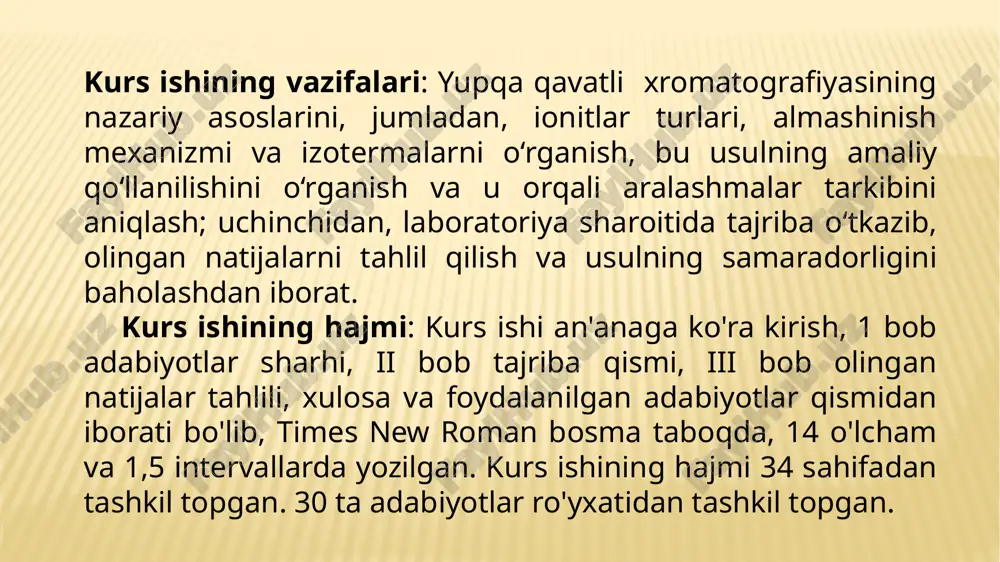 rini ion almashinish xromatografiyasi yordamida ajratish tajribaning maqsadi: na⁺ va ca²⁺ ionlarini ion almashinish xromatografiyasi orqali ajratish, ularning xromatografik xatti-harakatlarini kuzatish hamda ajratish samaradorligini baholash. nazariy qism: na⁺ va ca²⁺ ionlari suvda eriydigan, kimyoviy jihatdan barqaror bo‘lgan, rangsiz kationlardir. ion almashinish xromatografiyasi yordamida bu ionlarni ajratish ularning ion zaryadi (monovalent va divalent) farqiga asoslanadi. ca²⁺ ioni ionit bilan kuchliroq bog‘lanadi, shu sababli ustunda ko‘proq ushlab turiladi va na⁺ ionidan keyin eluatsiyalanadi. bu xossalar asosida ajralish amalga oshiriladi. 2.7-rasm: jarayonning umumiy ko‘rinishi xulosa yupqa qavatli xromatografiya (yqx) – bu analitik kimyo va biologiya sohalarida keng qo‘llaniladigan samarali va soddaligi bilan ajralib turadigan ajratish metodidir. ushbu metod, asosan, moddalarning aralashmalarini ajratish uchun stationary (harakatlanmaydigan) faza va mobil (harakatlanuvchi) fazaning o‘zaro ta'siridan foydalanadi. yqxda stationary faza sifatida yupqa silika yoki alüminiy oksidi qatlamlari ishlatiladi, mobil faza esa suyuqlik yoki gaz bo‘lib, aralashmaning turli komponentlarini ajratish jarayonini amalga oshiradi. xromatografiya metodlari, shu jumladan yqx, …
