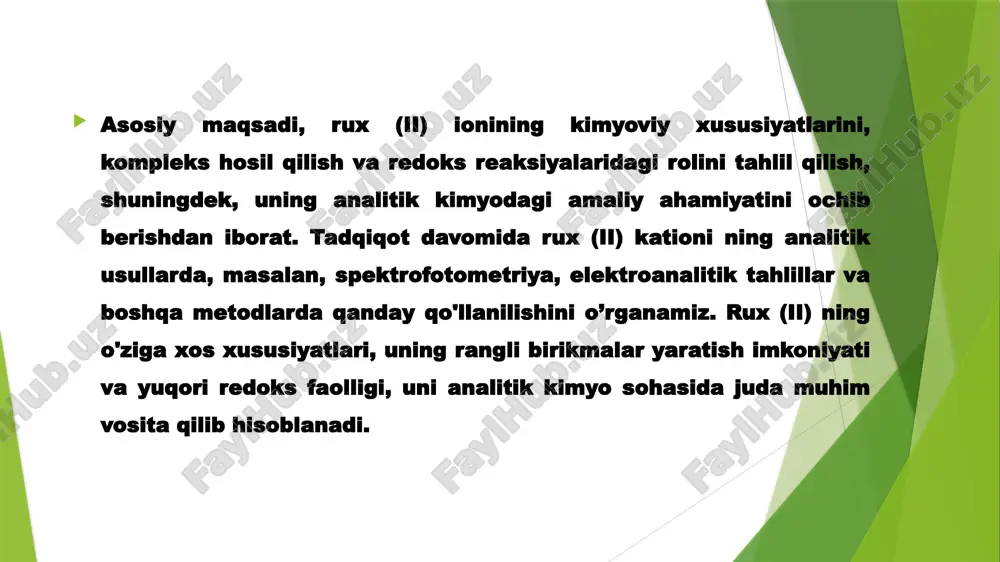 i nh₄oh (oz miqdor) zn(oh)₂ cho‘kmasi oq cho‘kma nh₄oh (ortiqcha) [zn(nh₃)₄]²⁺ kompleksi cho‘kma eriydi 2.2 ishni bajarish tartibi zn+2 kationing kislota – asosli reaksiyalar tajribasi kerakli reaktivlar va uskunalar: no asbob nomi maqsadi va qo’llanishi 1 probirka (10-15 ml) reaksiya o’tkazish uchun 2 probirka stendi probirka tik turishini taminlaydi 3 pipetka aniq hajmdagi eritmani olish 4 byuretka reaktivlar qo’shishda aniq hajmni o’lchash 5 o’lchov slindr (minzurka) eritmalar hajmini o’lchash uchun 6 elektr isitgich eritmani isitish uchun no reaktiv nomi: konsentratsiya maqsadi 1 rux (ii) sulfat znso₄ 0.1 m rux (ii) ionlarining manbai 2 natriy gidroksid naoh 1m gidroksid cho‘kmasini hosil qilish 3 amoniy gidroksid nh₄oh 1m neytral muhitda gidroksid olish 4 vodorod sulfid eritmasi h₂s(oq) yoki na₂s to’yingan sulfid cho‘kmasi hosil qilish 5 ammiak eritmasi nh₃ 10% kompleks hosil qilish uchun 6 tuz kislota hcl 1m eritmani kislotali qilish 7 distillangan suv - eritmalar tayyorlash va yuvish rux kationining reaksiyalari …