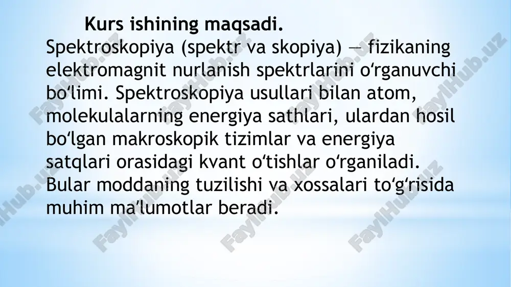 signallarni yozadigan asbobdan tashkil topgan. 4) tajriba asosida biz kolorimetrlarda zaruriy to’lqin uzunligiga ega bo’lgan nurni tanlash uchun turli yorug’lik filtrlari va har xil qalinlikka ega bo’lgan kyuvetalar tanladik .yorug’lik filtrini tanlashda kyuvetaga tekshiriladigan eritmadan quyilib, uning optik zichligi hamma yorug’lik filtrlari ishlatilgan holda ketma-ket o’lchadik. so‘ngra olingan ma’lumotlar asosida optik zichlikning to’lqin uzunligiga bog’liqlik chizmasi tuzidik chizmaning optik zichligi eng katta bo’lgan to’lqin uzunligi qiymatini topdik. image1.png image2.wmf image3.jpeg image4.jpeg 1 2 3 4 5 6 7 8 /docprops/thumbnail.jpeg