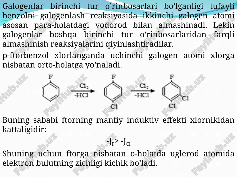 , halqadagi galogen osonlik bilan karboksil guruhi bilan almashinishi mumkin: aromatik galogenli birikmalarda halqadagi uglevodorodlar galogenlar, nitrat, sulfo- va boshqa guruhlar bilan oson almashina oladi. bu jarayonlar benzoldagiga nisbatan qiyinroq kechadi. xlorbenzol xlorlanganda asosan, p-dixlorbenzol, oz miqdorda o-dixlorbenzol hosil bo’ladi. m-dixlorbenzol esa juda ham oz miqdroda hosil bo’ladi buning sababini quyidagicha tushuntirish mumkin. xlorbenzolga galogen (x) ta’sir etganda quyidagi -komplekslar hosil bo’lishi mumkin: bulardan i va iii-komplekslarning turg’unligi ii-nikiga qaraganda yuqoridir. o’tgan asrning 90 yillarida birlamchi, ikkilamchi va uchlamchi aminlar olishning umumiy usulini buxvald va xartvichlar kross-birikish reaksiyasi tarzida hosil bo’lishini ishlab chiqishgan. galogenalken yoki galogenarenlarning birlamchi va ikkilamchi aminlar bilan reaksiyasi palladiy atsetat, tris (uchlamchi-butil) fosfin va uchlamchibutilat natriy ishtirokida olib boriladi. kumada kross-birikish reaksiyasi kumadaning kross-birikish reaksiyasi quyidagi tenglama asasida sodir bo’ladi: negishi kross – birikish reaksiyasi kross-birikish reaksiyalari qatoriga kiruvchi muhim sintezlarga negishi kross-birikish reaksiyasini misol keltirishimiz mumkin. stille reaksiyasi qalay-organik birikmalar asosidagi stille kross-birikish reaksiyalarida aril-, …