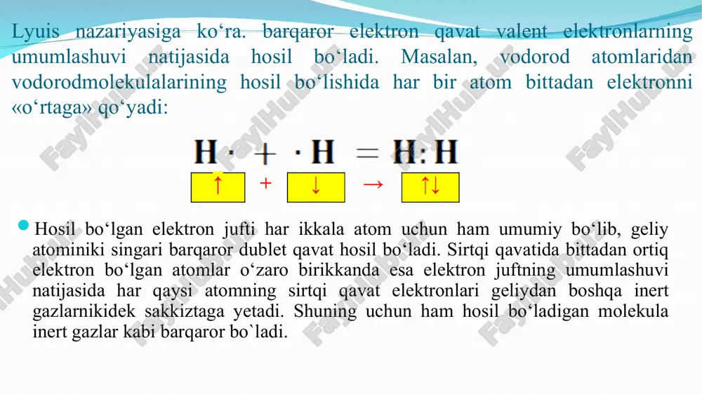 idagi jadvalda vodorodning oltinchi va yettinchi guruh elementlari bilan hosil qilgan birikmalarida h-x bog‘ energiyasi keltirilgan: bundan tashqari, bog‘ energiyasi boshqa omillar, masalan, bog‘ hosil qilayotgan atomlar bilan bog‘langan o‘rinbosarlarning tabiatiga ham bog‘liq. qo‘shbog‘ energiyasi oddiy bog‘nikidan katta, lekin ikkita oddiy bog‘ energiyasi yig‘indisidan kichik. quyidagi jadvalda oddiy bog‘dan, qo‘sh bog‘ga undan uch bog‘ga o‘tish tartibida bog‘lanish energiyasi ham ortib boradi: molekulalar h2o h2s h2se h2te bog‘ energiyasi, kj/mol 460,5 229,4 174,8 140,5 molekulalar hf hcl hbr hi bog‘ energiyasi, kj/mol 565 431 364 217 kimyoviy bog‘ bog‘ energiyasi, kj/mol kimyoviy bog‘ bog‘ energiyasi, kj/moi c – c 343 c -o 351 c = c 615 c = o 711 c ≡ c 812 c ≡ o 1096 bog‘niug uzunligi. bog‘ning uzunligi deb - kimyoviy bog‘lanish hosil bo‘lishida ishtirok etgan atomlar yadrolari orasidagi masofa aytiladi. kimyoviy bog‘ning uzunligi r harfi bilan belgilanib, u nm (nanometr), å (angstrem) yoki sm (santimetr)da …