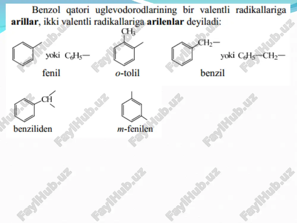 hi marta benzol qatori aromatik birikmalarni reaksion qobiliyati va barqarorligini tushuntirish imkoni paydo bo`ldi. nazariy jihatdan, barqarorlashish effekti nafaqat olti a`zoli tutash sistemalarga, balki uch-, to`rt-, besh- va etti a`zoli π –elektronlari soni xyukkel qoidasiga mos keluvchi birikmalarga ham xosligi isbotlandi. bunday birikmalar nobenzoid aromatik birikmalar deyiladi. agar siklik tutash sistemada π –elektronlar soni xyukkel qoidasiga mos kelmasa, bu birikmalar odatda beqaror bo`ladi. bunday sistemalar ayrim hollarda antiaromatik sistemalar deyiladi. siklik yopiq tutash sistemalarni asosiy o`ziga xosligi ularni barqarorligi bo`lib, u π –elektronlarni siklik delokallanishi bilan ifodalanadi. shuning uchun bunday sistemalar siklik delokallanish energiyasi yordamida aniq ta`riflanishi mumkin. arenlarni ochilish tarixi va tuzilishi m. faradey 1825 yilda 80oc da qaynaydigan va uglerod hamda vodorod nisbatlari 1:1 bo`lgan birikmani toshko`mirdan olingan mahsulotlardan ajratdi. 1834 yilda e. mitcherli benzoy kislota (tabiiy aromatik smolalardan ajratiladigan modda) tuzlarini parchalab shunday uglevodorod oldi va uni benzin deb atadi. keyinchalik yu. libix uni benzol deb nomlashni …