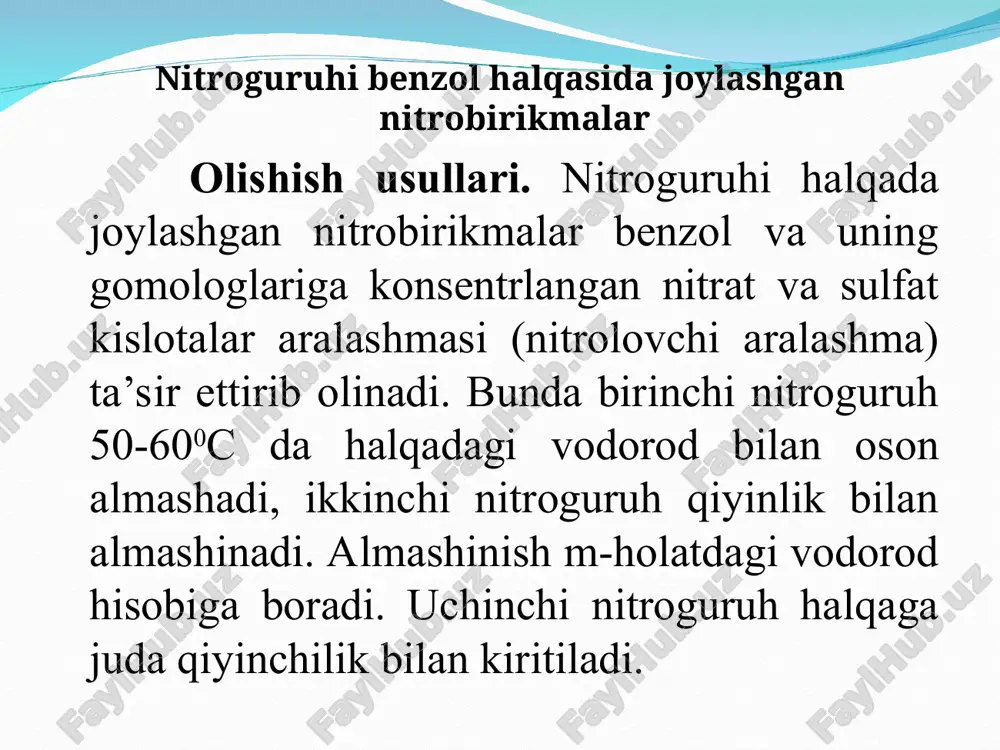 nisbatan o- yoki p- holatlarda galogayen yoki nitroguruh bo’lsa, ular (galogen yoki nitroguruh) gidroksil, alkoloksil yoki aminoguruhi bilan oson almashina oladilar: nitroguruhga nisbatan o- yoki p- holatlardagi o’rinbosarlarni qo’zg’aluvchanligiga sabab, nitroguruh ta’sirida bu holatlarda elektron bulutining zichligi kamayadi va nisbatan musbat zaryad tutadi. bu esa xujum qilayotgan elektrofil agentni o- yoki p- holatlardagi o’rinbosarlar bilan almashinishini osonlashtiradi. nitroguruhi yon zanjirda joylashgan nitrobirikmalar olinish usullari. nitroguruhi yon zanjirda joylashgan nitrobirikmalarni olishda yog’ qatori nitrobirikmalarni olishdagi usullardan foydalanish mumkin. 1.benzol gamologlarni yuqori haroratda suyultirilgan nitrat kislota bilan nitrolash (konovalov reaksiyasi). reaksiya quyidagi mexanizm orqali boradi: 2. yon zanjirda galogen tutgan aromatik birikmalarga kumush nitrit ta’sir ettirib olinadi: fizik va kimyoviy xossalari. nitroguruhi yon zanjirda joylashgan nitrobirikmalar suyuq yoki qattiq moddalar bo’lib, suvda yomon eriydi. 1. bular qaytarilganlarida aminobirikmalarni hosil qiladilar: 2.ishqorlar bilan ta’sir etilganda tuz hosil qiladilar: bu reaksiya nitroguruhi yon zanjirda joylashgan birkmalarni nitrguruhi halqada joylashgan birkmalardan farqlash uchun ishlatiladi. nitroguruhi …