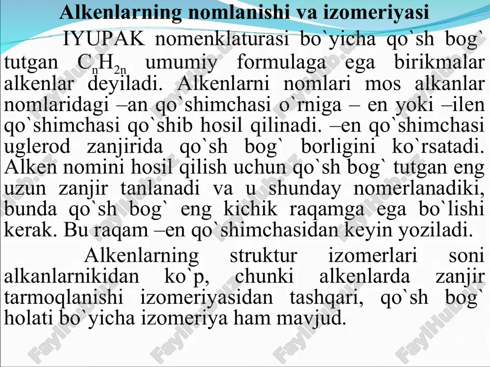 uziladi va dastlabki alkanni molekulyar massasidan past molekulyar massali alkan va alke nlar aralashmasi hosil bo`ladi (kreking). 2. spirtlardan suvni ajratish. qadim zamonlardan spirtlar (alkanollar) alkenlar olishda xom ashyo vazifasini bajaradilar: suvni ajratish turli usullarda olib boriladi: a) kuchli kislotalar, masalan, h 2 so 4 ishtirokida qizdirish: b) yuqori haroratda katalizator ishtirokida, odatda al 2 o 3 : katalitik usul sanoatda qo`llaniladi. 3. galogenalkanlardan galogen vodorod yoki galogenni uzish. alkenlar galogenalkanlarga ishqorlarni to`yingan eritmasi ta`sirida hos il bo`ladi. yonaki mahsulot sifatida spirtlar hosil bo`ladi. ishqorlarni suyultirilgan eritmalarida spirtlar asosiy mahsulot hisoblanadi: qizdirib ham galogen vodorod ajratish mumkin: alkenlar digalogenalkanlarni rux bilan ta`sirlashishidan ham hosi l bo`ladi: 4. alkin va diyenlarni gidrogenlash. gidrogenlashni selektiv katalizatorlarini ishlatganda alkin va dienlarni alkenlargacha gidrogenlash mumkin: 5. kondensatsiya reaksiyalari. aktiv guruhli (karbonil, metilen va b.) ikkita birikma ta`sirlas hishida alken va ularni hosilalarini olish mumkin. reaksiyani umumiy sxemasi: alkenlarning tuzilishi etilenni elektronografik o`rganish molekulani geometriyasi …