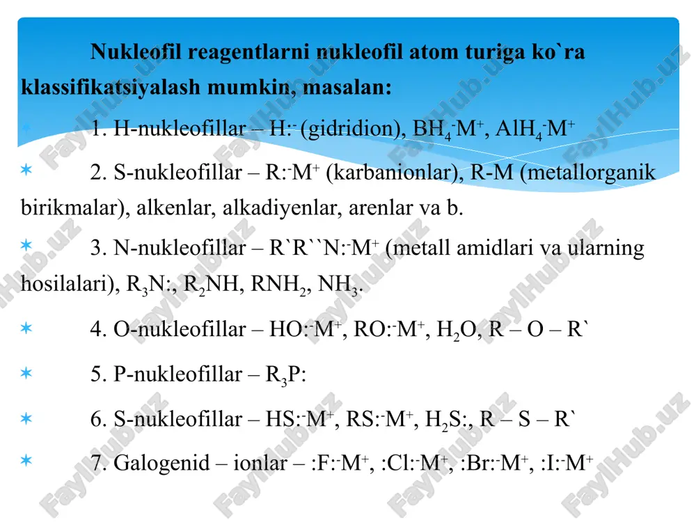 , xom ashyosiga, tashqi belgilariga va hidiga qaralgan. radikallar nazariyasi davrida organik moddalarga ular tarkibiga kiruvchi radikallarga asosan nom berganlan. unitar nazariya ularni tiplarga ajratishga imkon berdi, masalan, ammiak tipidagi birikmalar aminlar, suv tipidagilar spirtlar va efirlar, metan tipidagilar esa to`yingan uglevodorodlar deb nomlandi. xix asrning 50-yillarida organik kimyoda ayrim printsiplar qonun kuchiga ega bo`ldi: reaksiyalarda turli guruhlar bir birikmadan ikkinchisiga o`tishi mumkin, bir atomni ikkinchi atomga almashtirish mumkin, atomlar o`zaro faqat ma`lum proportsiyalarda birika oladi. ammo, modda xossasi va molekulasining tuzilishi orasida bog`liqlik haqida, atomlarni molekulada ma`lum izchillikda joylashishi haqida ma`lumotlar yo`q edi. tuzilish nazariyasi organik moddalarni nomlashga juda mustahkam asos bo`ldi. ma`lum struktur elementlar va atomlarni molekulada joylashishi bo`yicha ularni klassifikatsiyalash imkoniyati tug`ildi. ikkita asosiy printsip ilgari surildi: molekulada uglerod atomlarini joylashishi bo`yicha va xarakterli struktur elementlari bo`yicha organik birikmalarni klassifikatsiyalash. struktur elementlar deb uglerod atomlari bilan birikkan turli o`rinbosarlarga yoki uglerod zanjiridagi bog`lar turlariga aytiladi. struktur elementlarni …